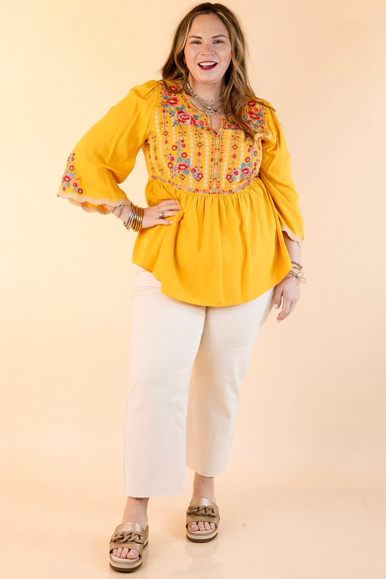 Mustard Yellow 3/4 Bell Sleeve Embroidered Babydoll Top for Women - Boho Chic Blouse for Casual Outings, Date Nights & Summer Festivals