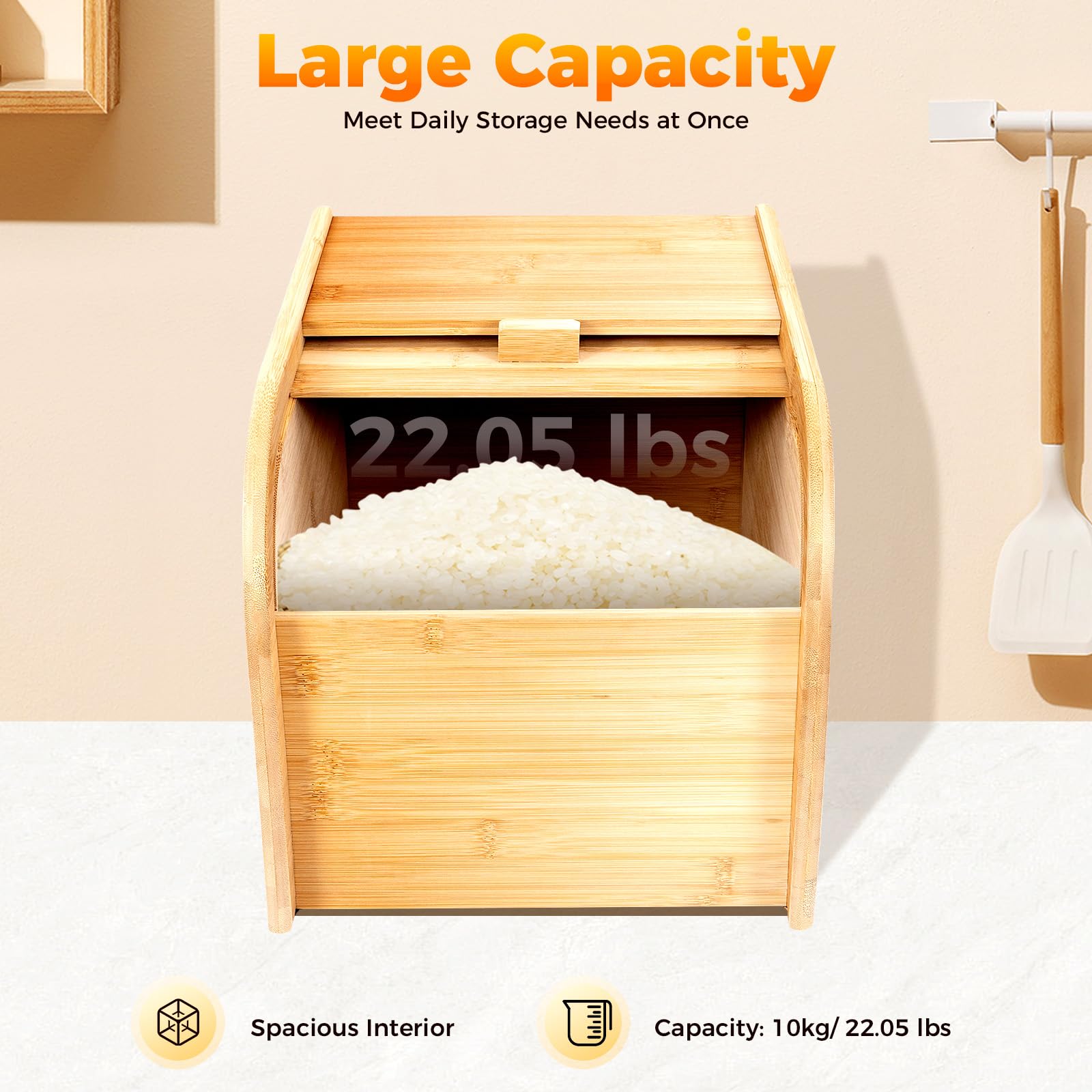 22Lbs Bamboo Rice Storage Container with Measuring Cup & Sliding Lid - Airtight Wooden Grain Storage Box for Rice, Cereal, Soybean, Corn - Perfect for Kitchen Pantry Organization & Bulk Food Storage