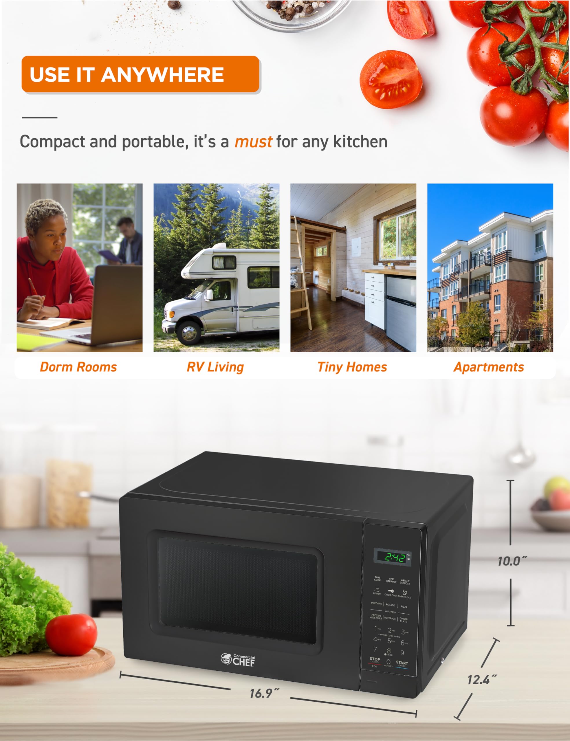 Commercial Chef 0.7 Cu Ft Countertop Microwave Oven - 700W with 10 Power Levels, Digital Display & Child Safety Lock - Perfect for Dorms, Offices & Small Kitchens - Black
