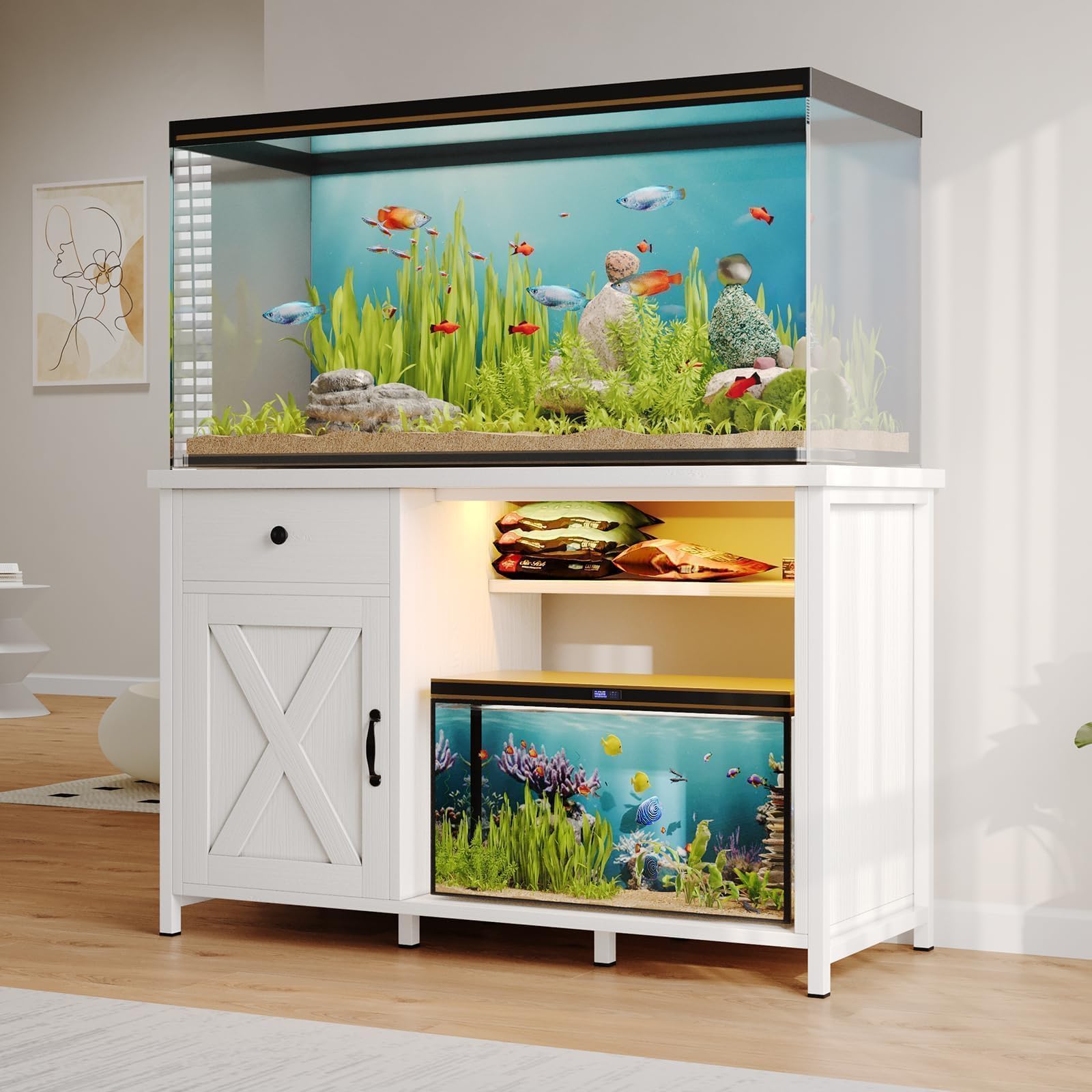 55-75 Gallon Aquarium Stand with Power Outlets & LED Light - Heavy Duty Metal Fish Tank Stand with Storage Drawer & Barn Door - White Turtle & Reptile Terrarium Cabinet - Perfect for Home, Office or Pet Store Display