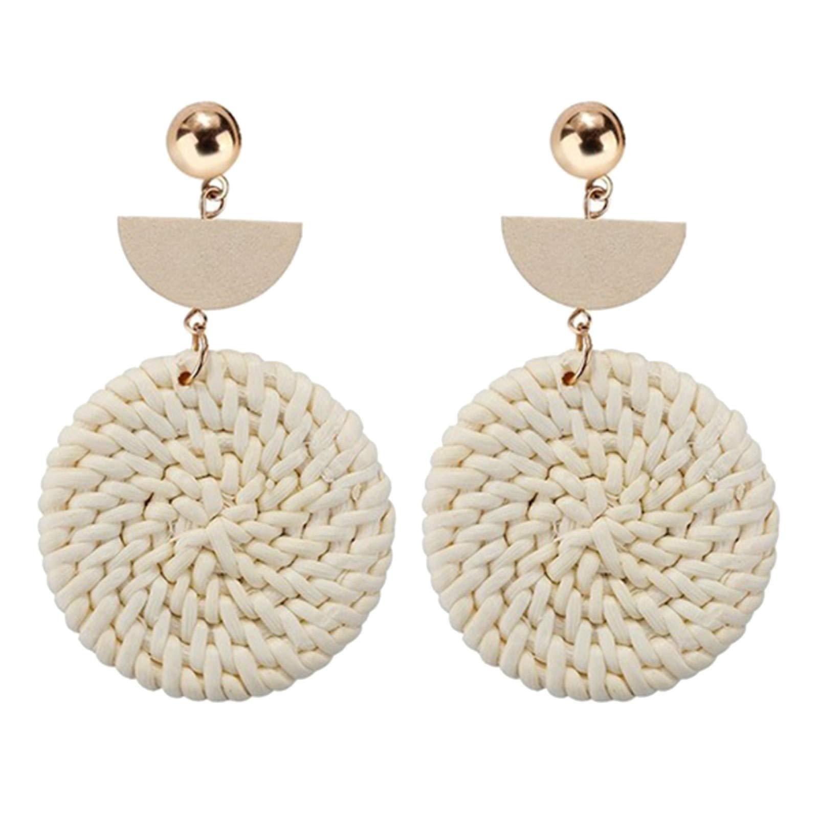 Bohemian Hand-Woven Braided Round Pendant Drop Earrings for Women - Natural Wooden Straw Rattan Jewelry in Beige | Perfect for Summer Festivals, Beach Vacations & Boho Fashion