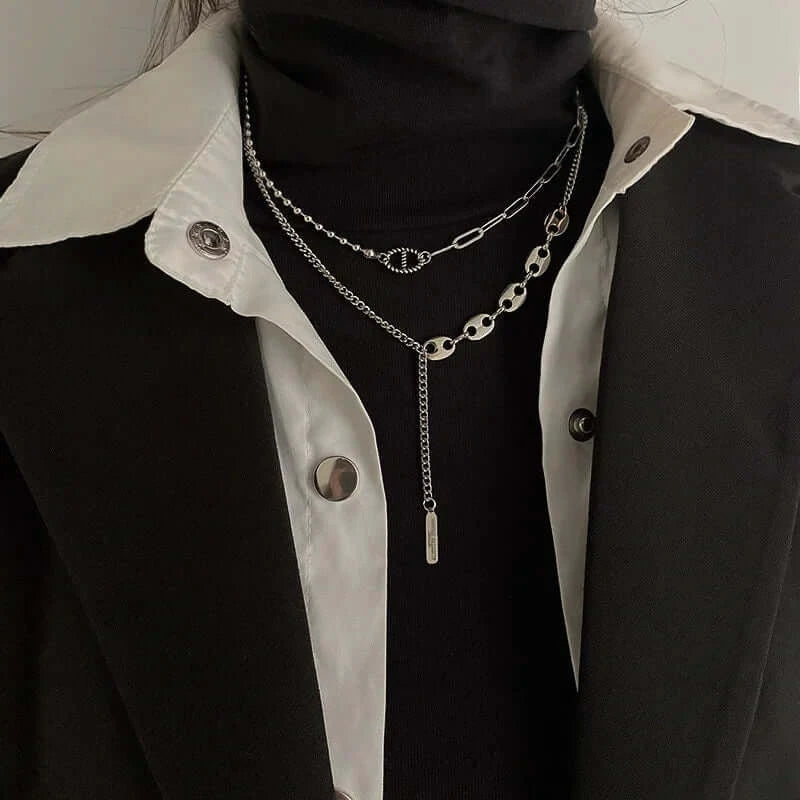 Asymmetric Silver Tassel Pig Nose Layered Chain Necklace for Women - Trendy Boho Chic Jewelry Gift for Party, Date Night & Special Occasions | X1123