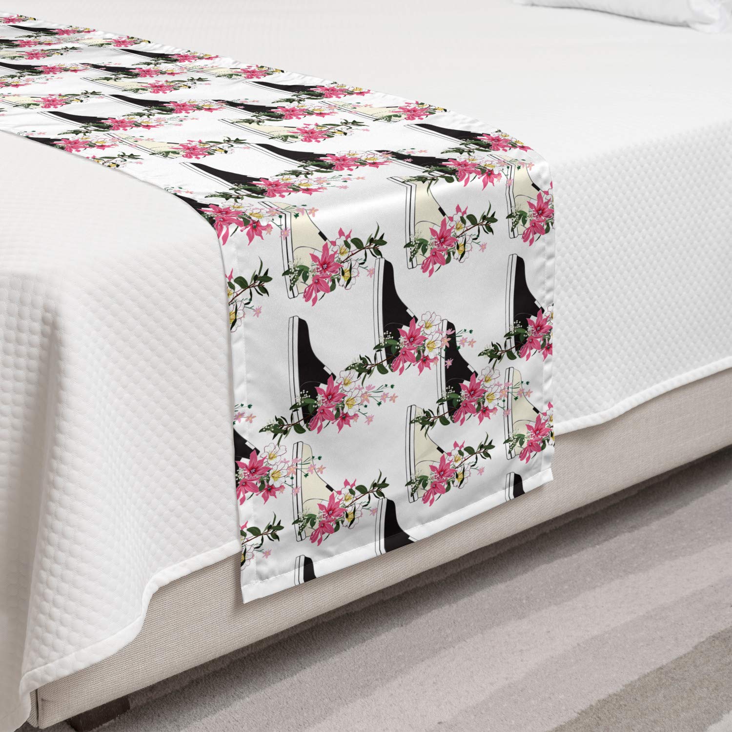 Ambesonne Floral Bed Runner - Decorative Bed Scarf with Fashion Flowers Sneakers Design for Twin Beds - Multicolor Accent Piece for Hotels, Homes & Guestrooms - Perfect for Bedroom Decor, Wedding Gifts & Airbnb Styling