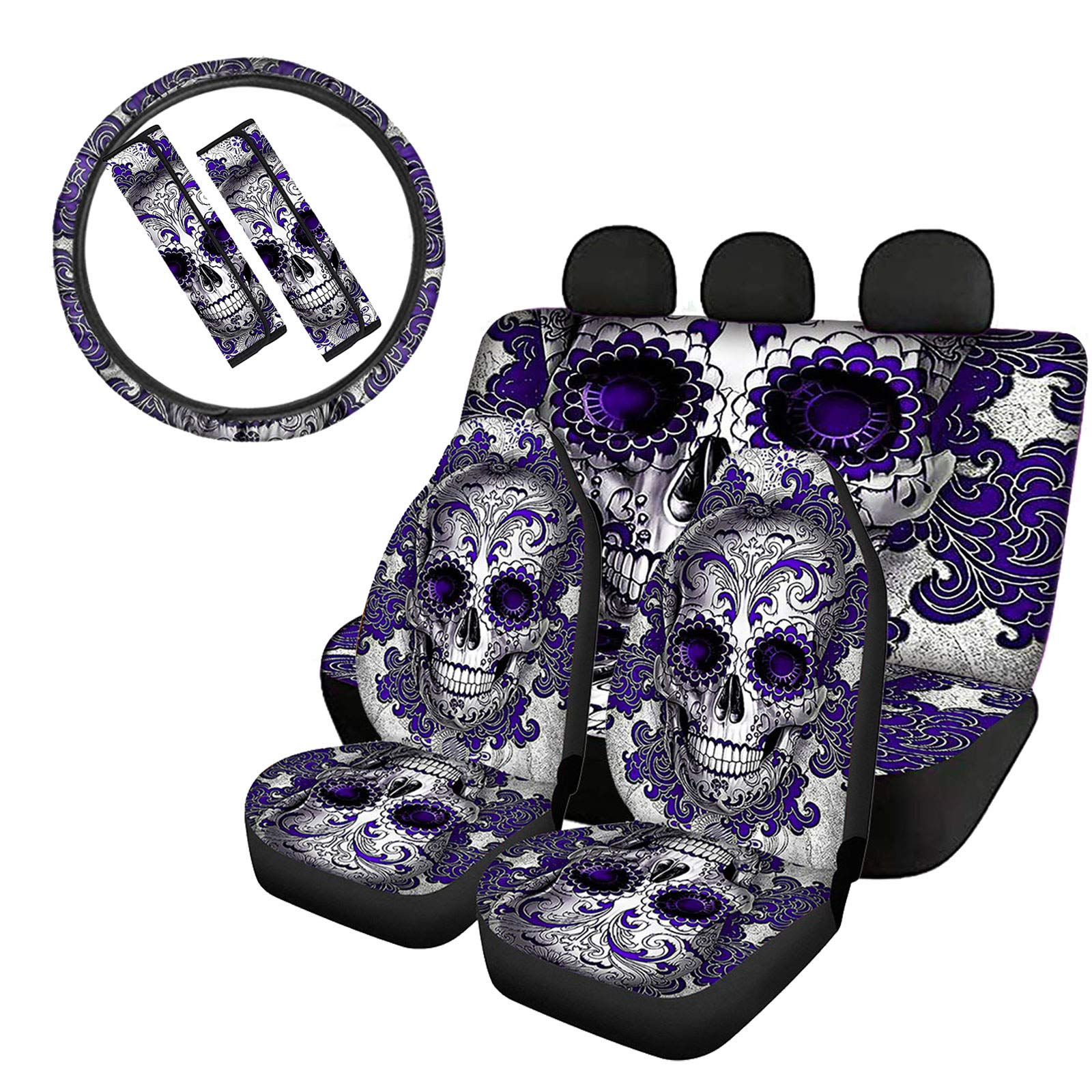 SEANATIVE Sugar Skull Car Seat Covers Full Set - Purple Front & Rear Bench Seat Protectors with Steering Wheel Cover & Seat Belt Shoulder Pads | Gothic Style Auto Accessories for Halloween, Dia de Los Muertos & Car Decor Enthusiasts