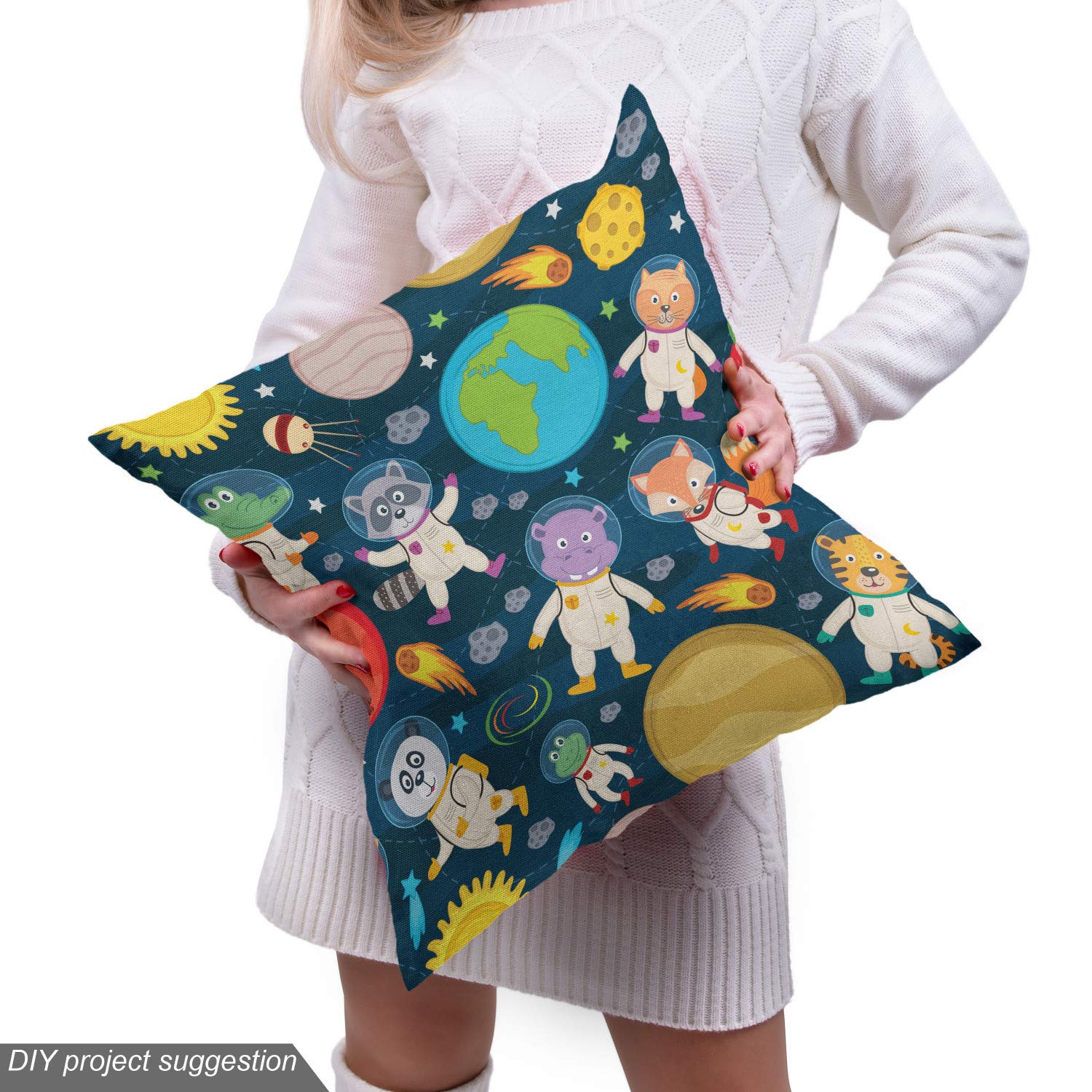 Ambesonne Space Fabric by The Yard - Funny Astronauts Flying in Cosmic Outer Space with Planets - Decorative Upholstery Fabric for Sofa, Curtains & Home Decor - 10 Yards Blue Purple - Perfect for DIY Projects, Space-Themed Rooms & Sci-Fi Decorations