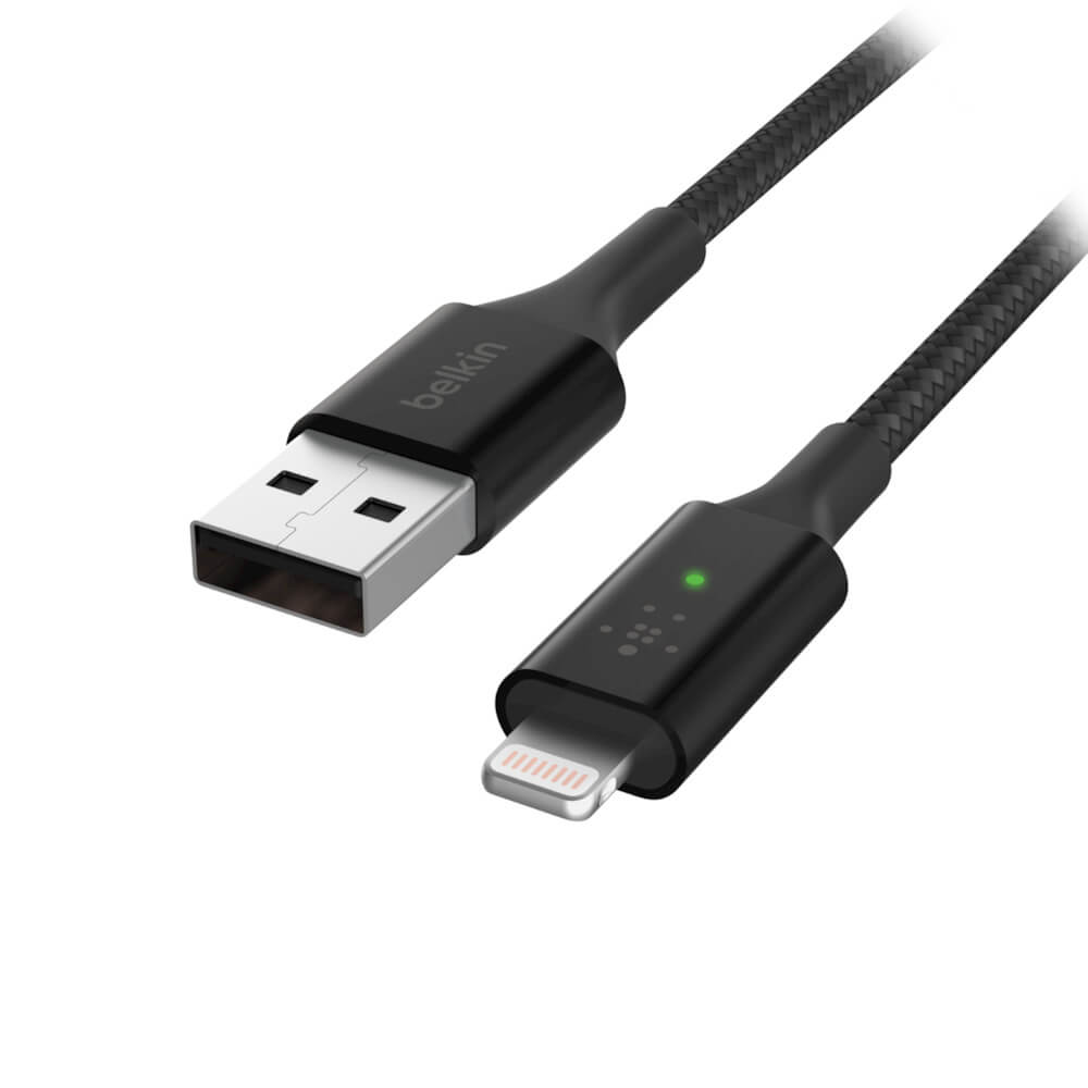Belkin Smart LED USB A to Lightning Cable 1.2m (4ft) - Fast Charging & Data Sync for iPhone - Durable Nylon Braided Black Cable for Home, Office & Travel