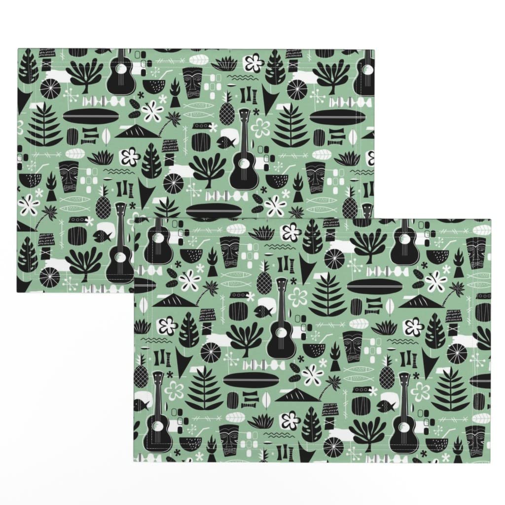 Premium Linen Cotton Canvas Placemats Set of 2 - Mid Century Tropical Aloha Beach Print Table Mats for Dining, Kitchen & Outdoor Use | Hawaii Inspired Decor