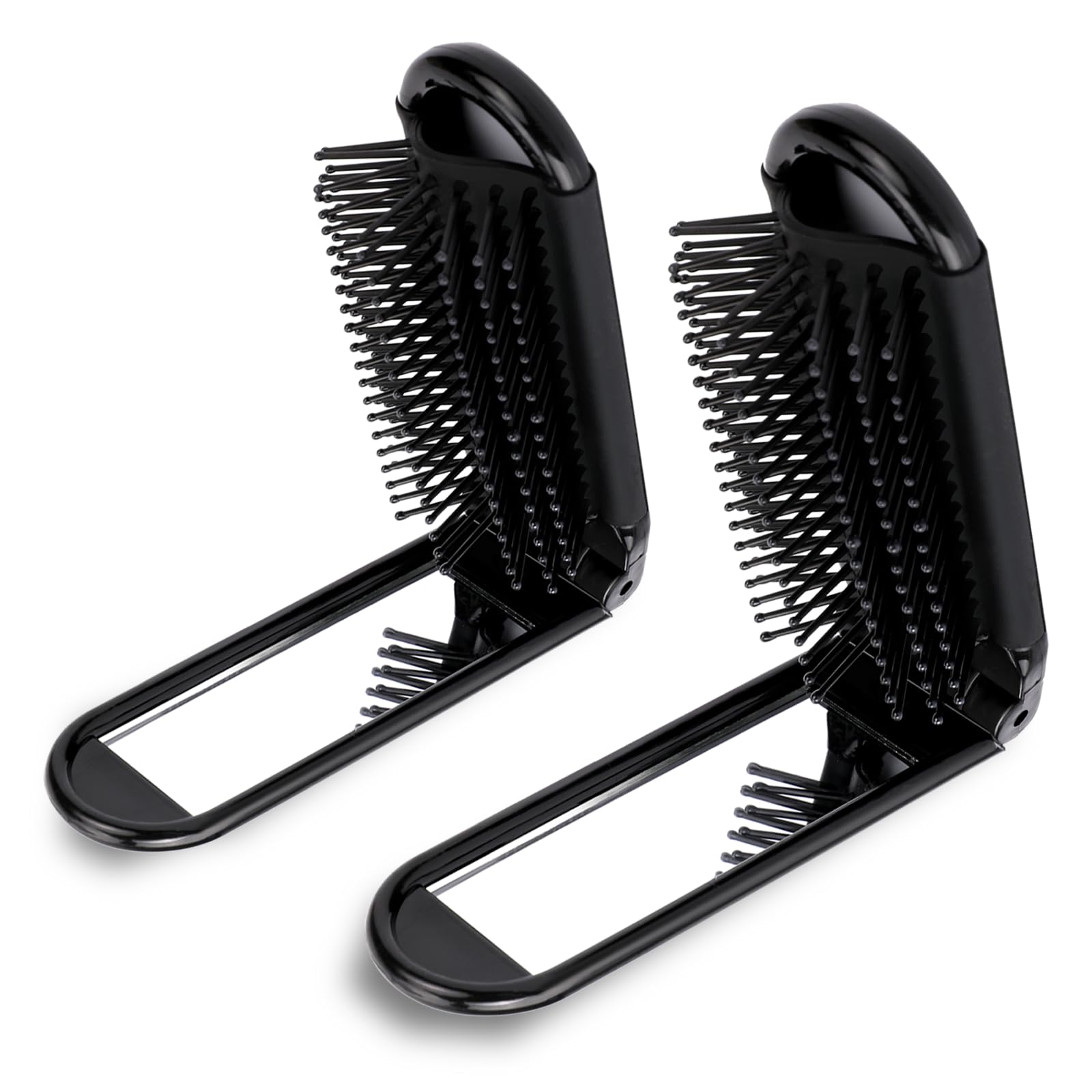 2 Pack Foldable Hair Brush with Mirror - Portable Travel Hair Brush, Pocket Size Anti-Static Mini Hairbrush, Compact Massage Comb for Women & Girls - Perfect for Home, Travel, Gym, and Purse (Black)