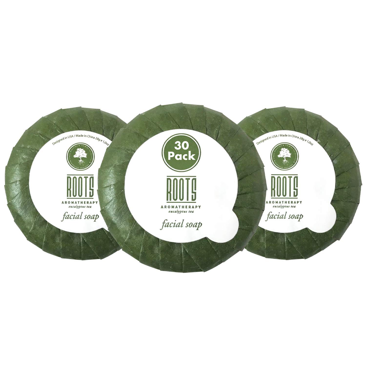 **Roots Aromatherapy Eucalyptus Tea Facial Soap - 1oz/28g Travel Size (30 Pack) - Bulk Hotel Toiletries for Bathroom, Guests, Lodging & Motels - Perfect for Travel, Spa & Home Relaxation**