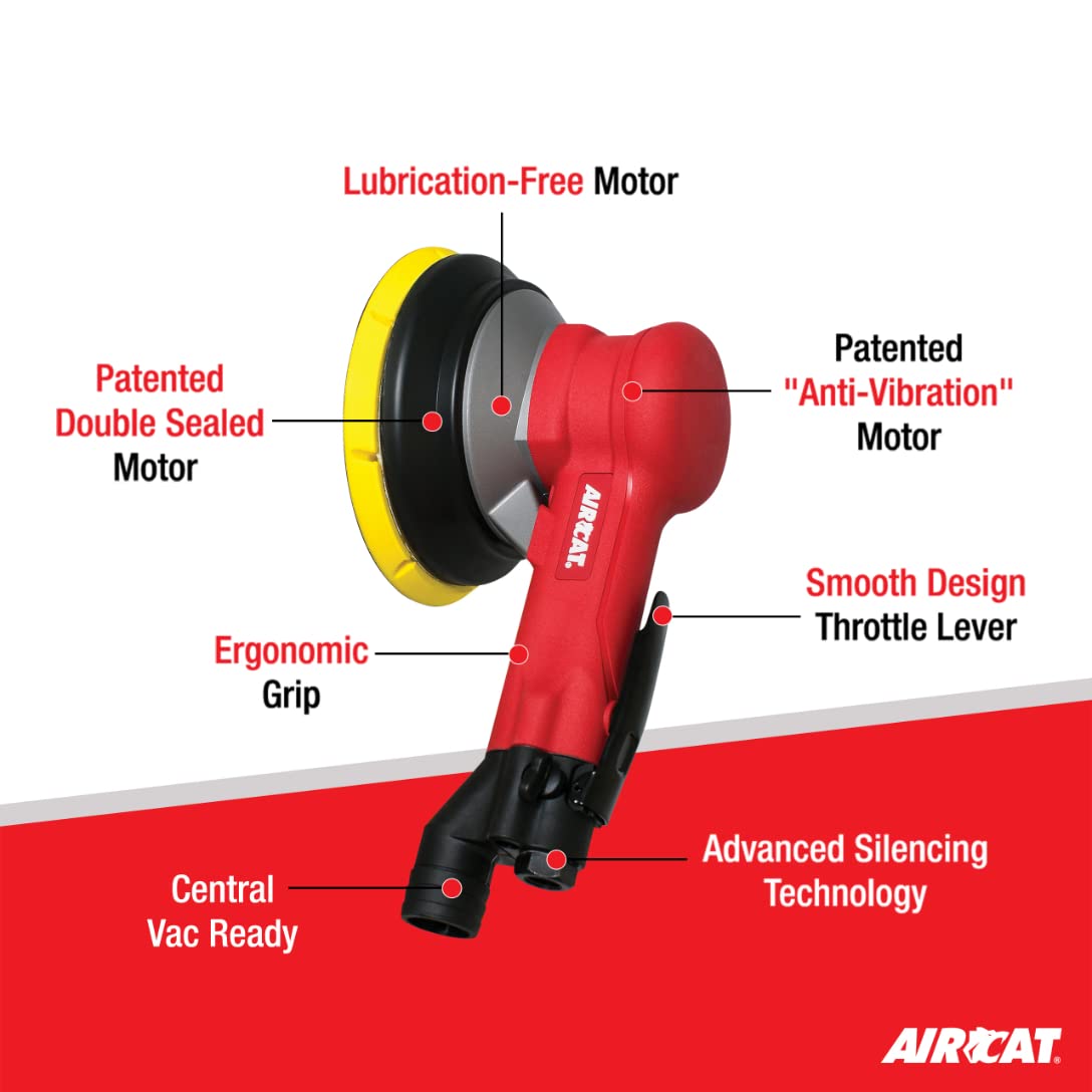 AIRCAT 6700-6GCV Pneumatic Orbital Sander - 900 RPM Geared Planetary Motion for Woodworking & Auto Body Sanding | Professional Central Vacuum Sander for Smooth Finishing
