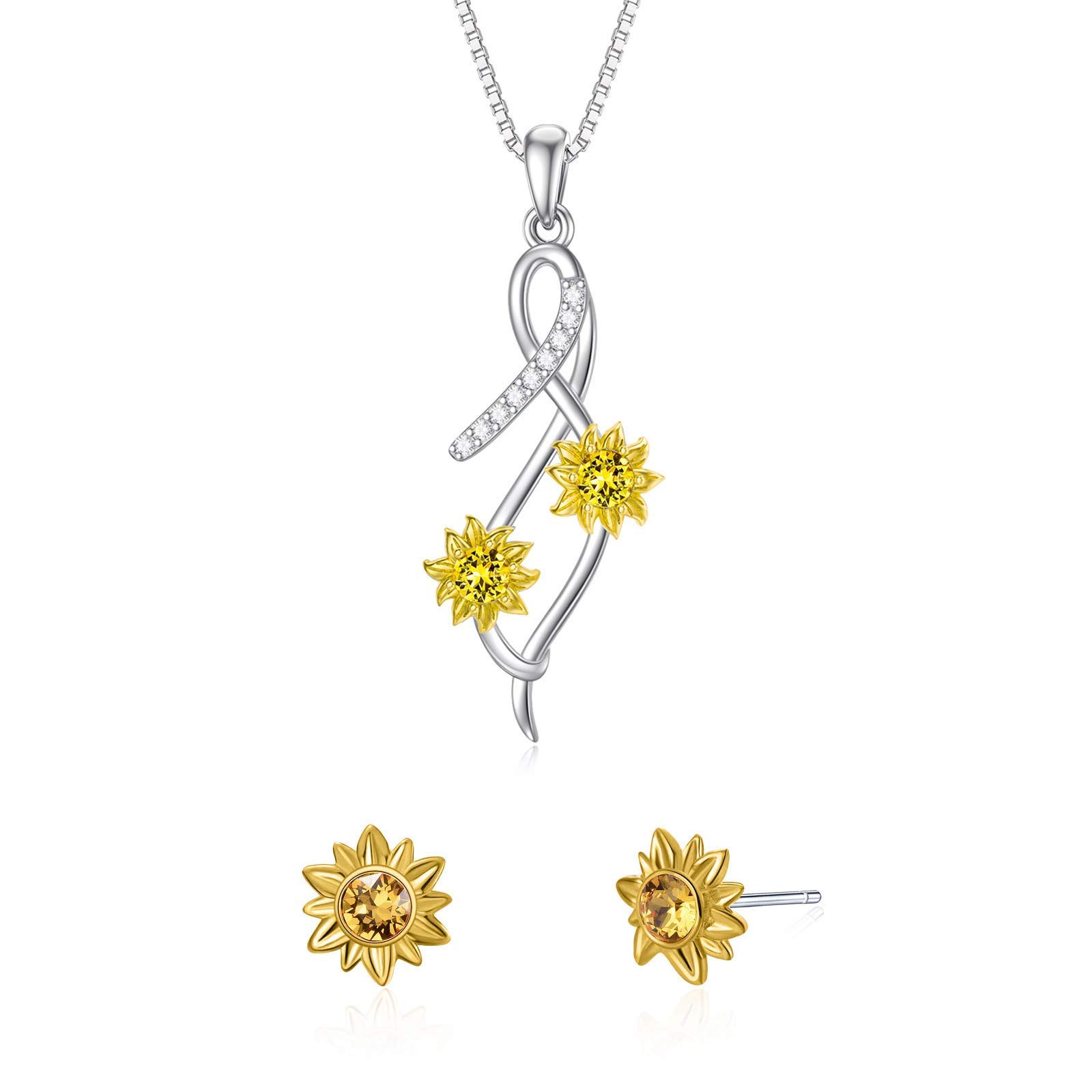 Sunflower Jewelry Set - Sterling Silver Necklace & Stud Earrings with Yellow Crystals, Gold Plated Women's Jewelry Gift | Perfect for Birthday, Anniversary & Everyday Wear