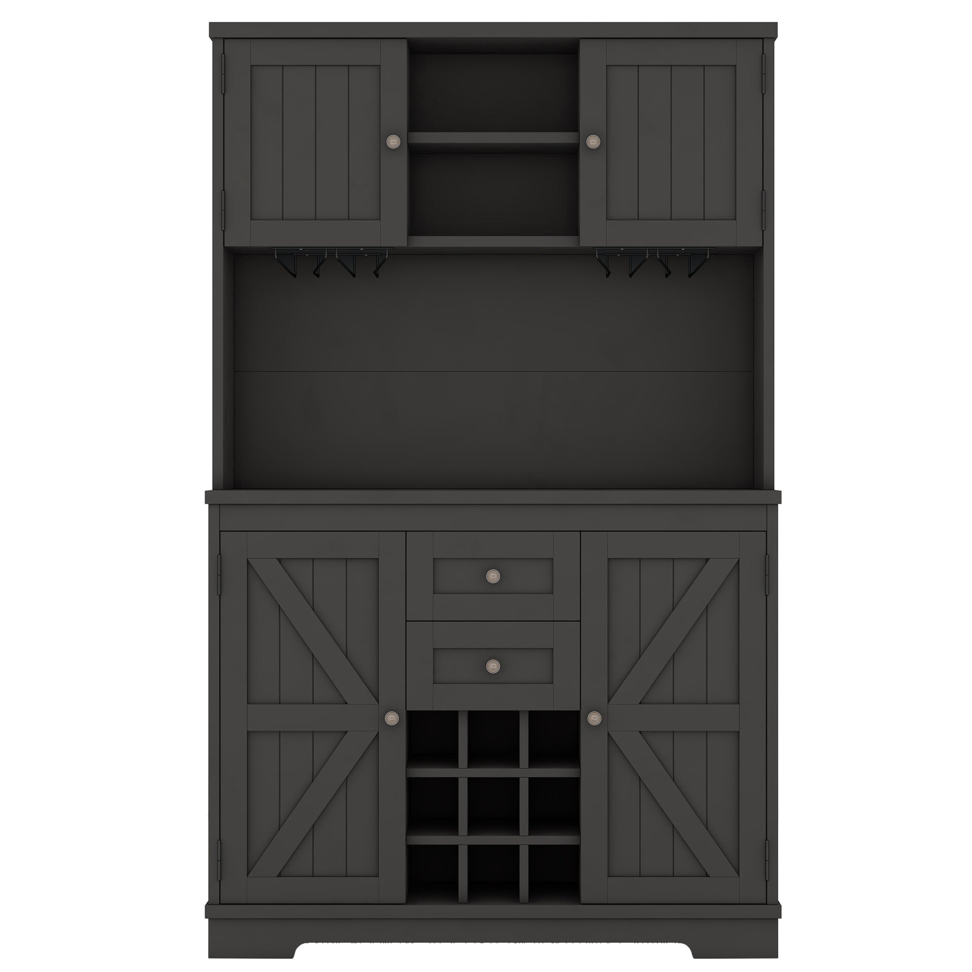 Farmhouse Coffee Bar Cabinet with Storage - Kitchen Buffet Cabinet with Drawers, Shelves & Wine Glass Racks - Rustic Dining Room Furniture for Kitchen, Bar & Entertaining - Black