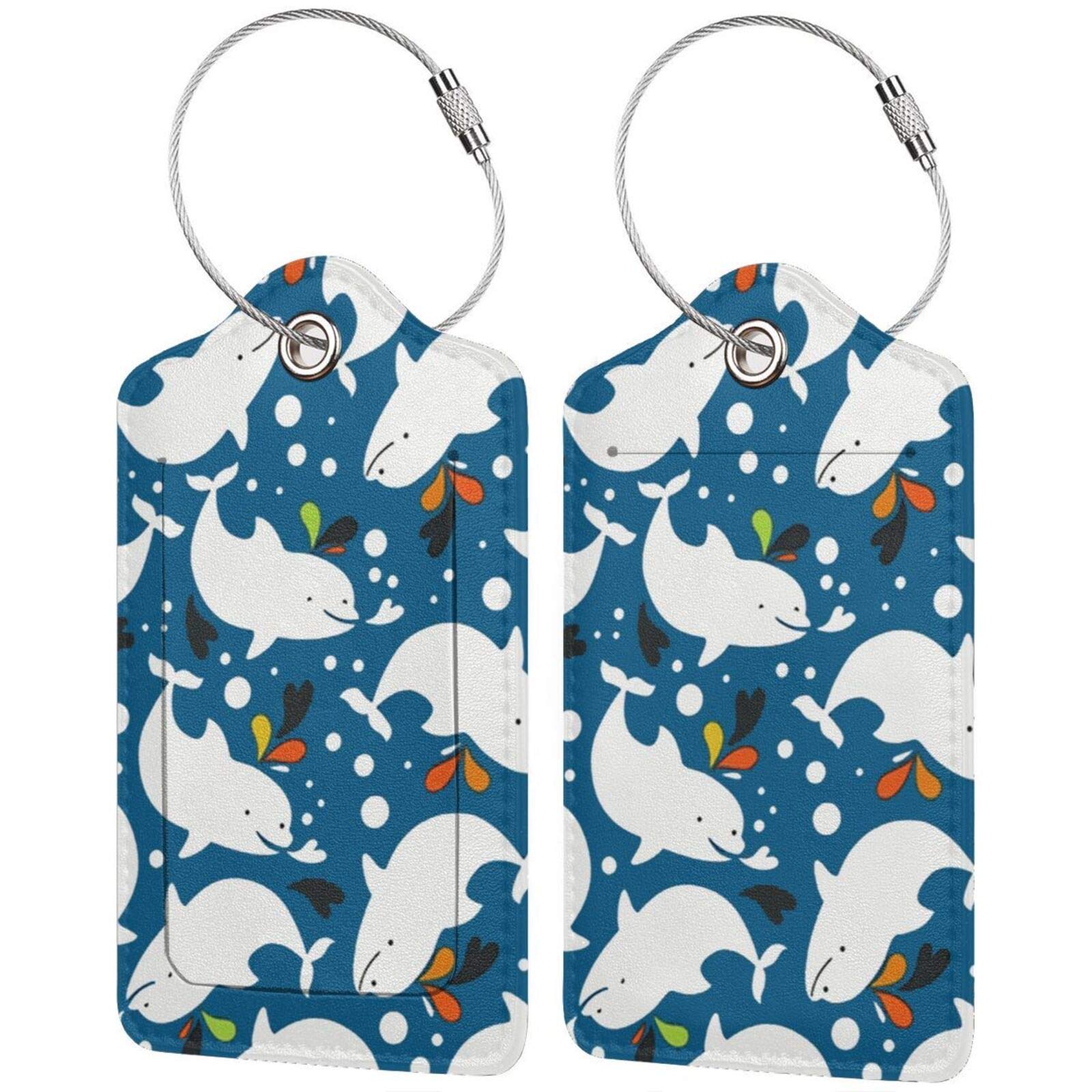 2PCS Beluga Whale Leather Luggage Tags with Stainless Steel Ring - Personalized ID Label for Suitcases & Travel Bags - Privacy Cover Design for Easy Identification - Perfect for Business Trips, Vacations & Airport Travel