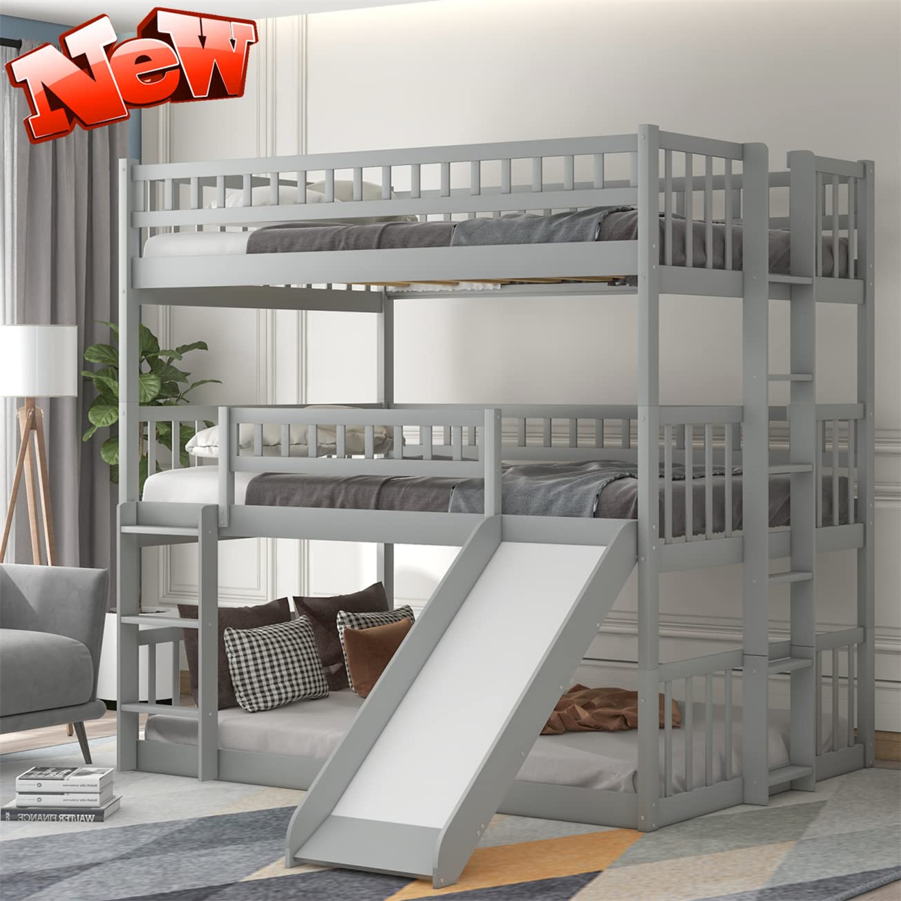 Sturdy Triple Bunk Bed with Slide for Kids - Gray Solid Wood | Space-Saving for Small Rooms
