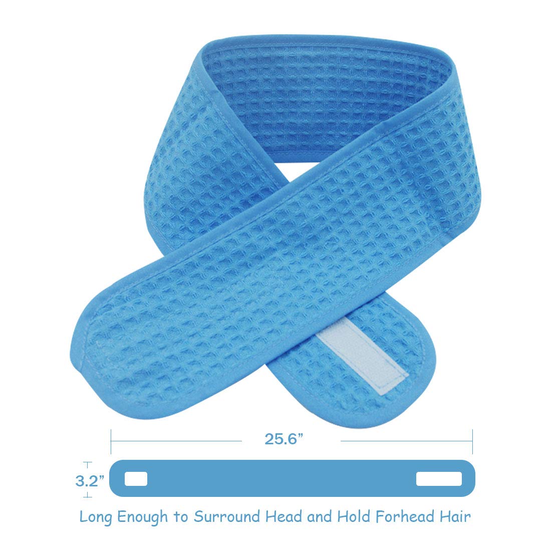 3 Pack Adjustable Terry Waffle Spa Headbands - Sweat Absorbent Hair Bands with Magic Tape for Women & Men - Perfect for Makeup, Washing Face, Shower, Yoga, Gym & Sports - Soft & Comfortable Blue Head Wrap for Daily Use