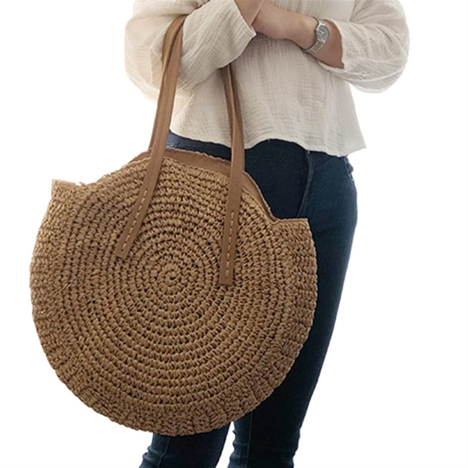 LIUDAINC Women's Hand-Woven Rattan Straw Beach Bag - Vintage Round Shoulder Tote for Summer Vacation, Casual Outings & Boho Style (Beige) | Perfect for Beach Trips, Picnics & Summer Fashion Accessories