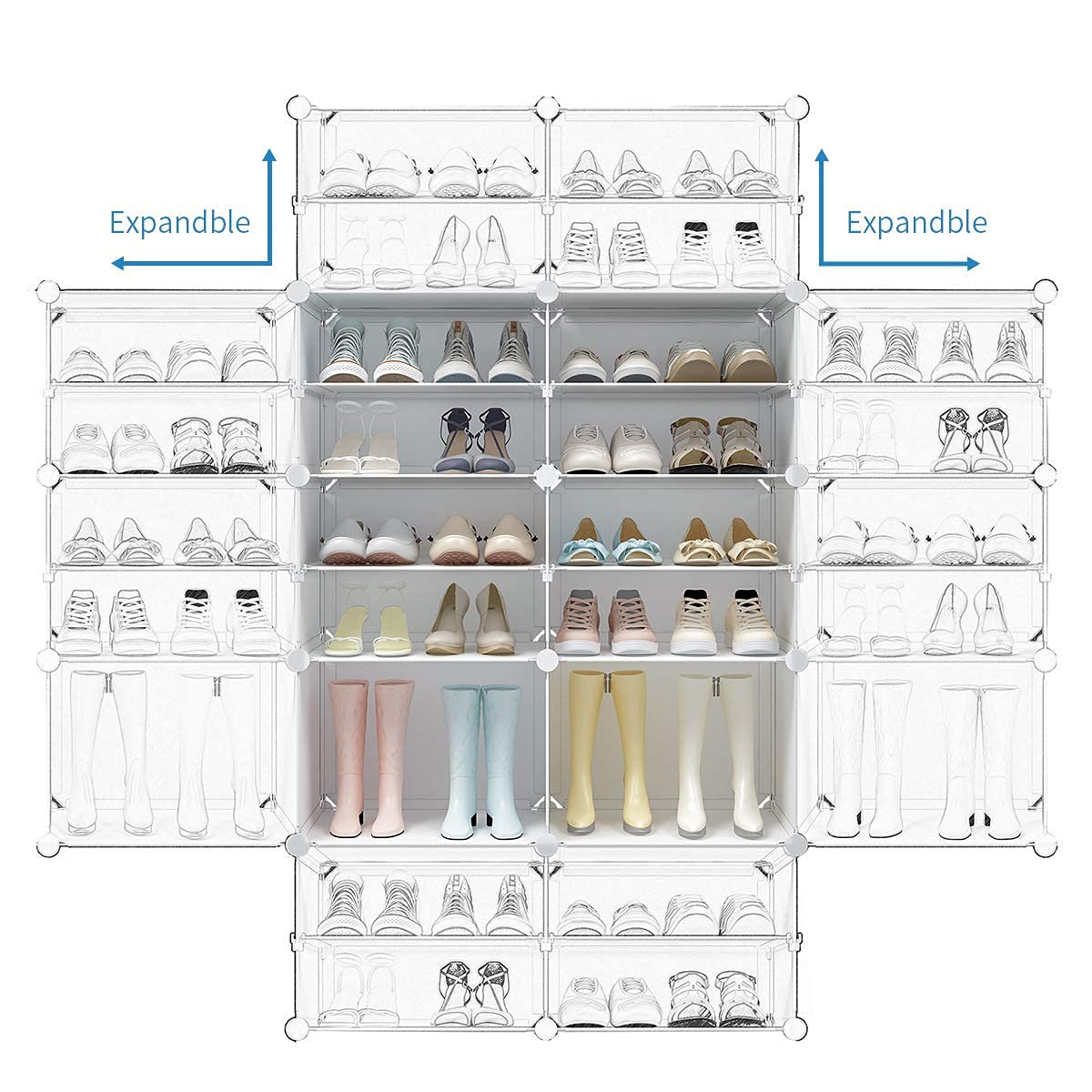 KOUSI 36 Grids Expandable Shoe Rack Organizer - Portable Tower Shelf Storage Cabinet for Heels, Boots, Slippers - White - Perfect for Closet, Entryway, Dorm Room Organization
