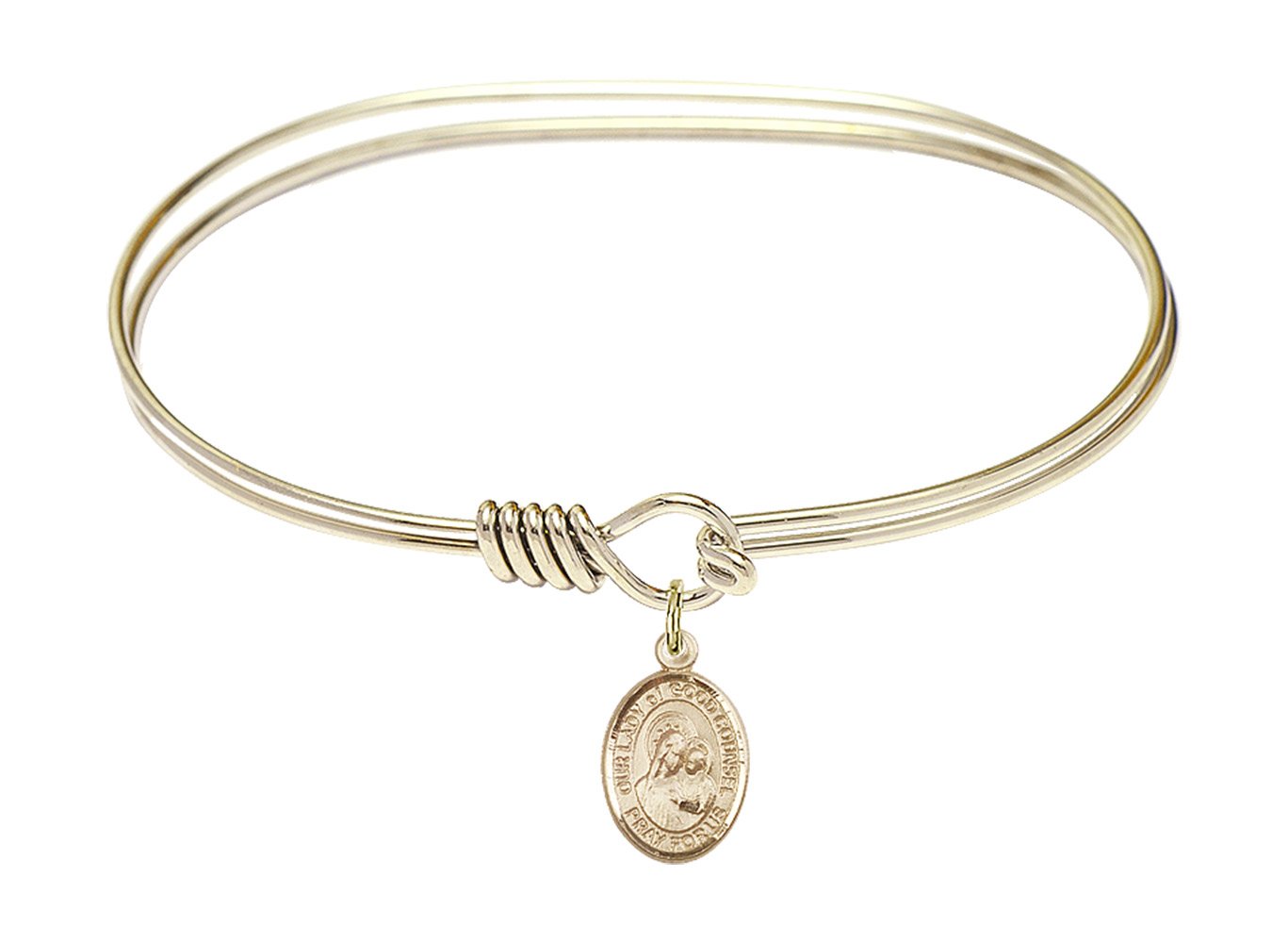 F A Dumont 7 Inch Oval Eye Hook Bangle Bracelet with Our Lady of Good Counsel Charm - Elegant Religious Jewelry for Women, Perfect for Church, Weddings & Special Occasions
