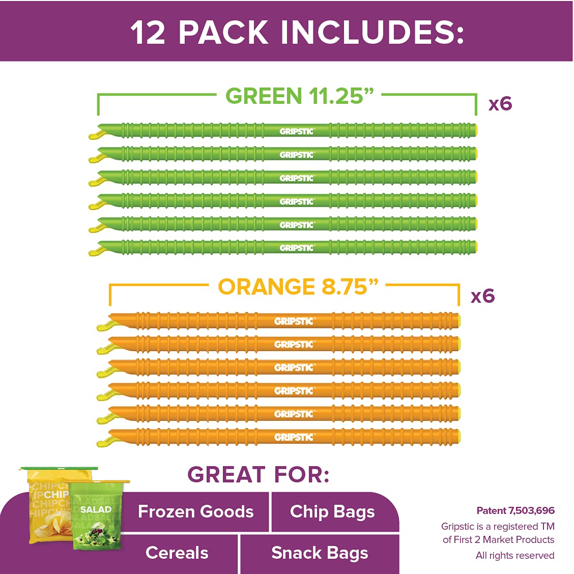 GRIPSTIC Reusable Chip Bag Clips - 12 Pack Large Airtight Food Storage Clips for Snacks, Chips, Cereal | Waterproof Seal for Kids Lunch, Kitchen Organization & Zero Waste Lifestyle (Patented Design)