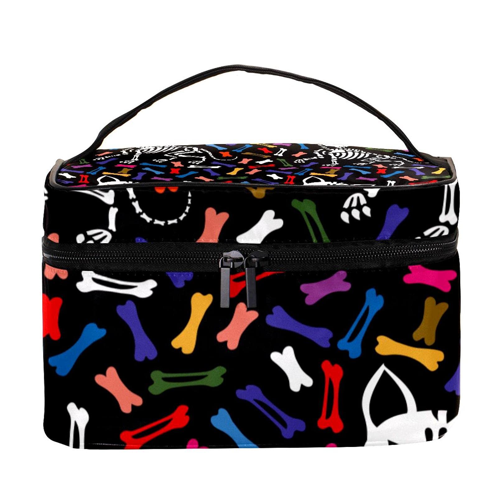 Halloween Skull Cats & Colorful Bones Large Travel Makeup Bag - Waterproof Cosmetic Organizer Case with Zipper for Women & Girls - Perfect for Halloween Parties, Travel Toiletries & Daily Makeup Storage