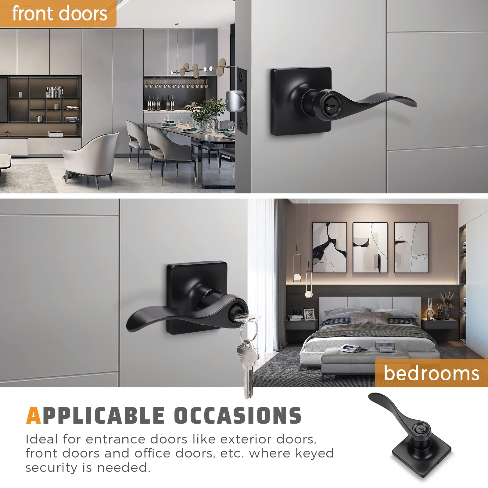 KNOBWELL 3 Pack Matte Black Door Handle Sets with Lock - Interior & Exterior Lever Handles for Front Doors, Bedrooms, Bathrooms - Keyed Entry for Home Security & Privacy