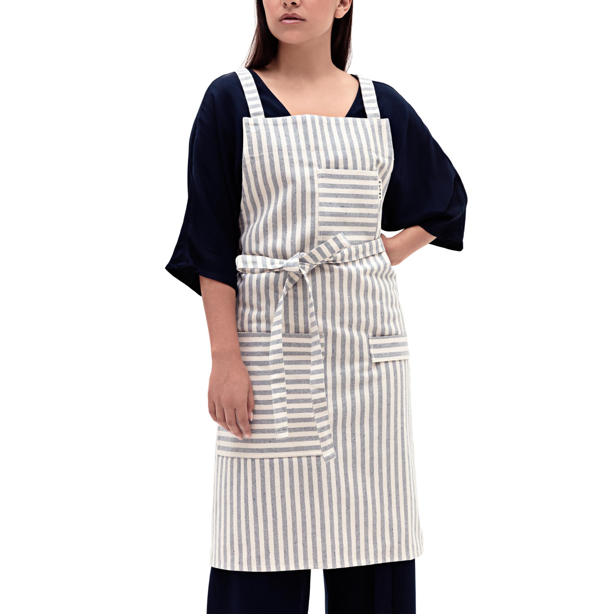 MEEMA Cross Back Apron - Striped Cotton Cooking Apron with 3 Pockets for Women & Men, Unisex Adjustable Baking Apron for Kitchen, BBQ, Grilling & Serving - One Size Fits All - Pack of 1