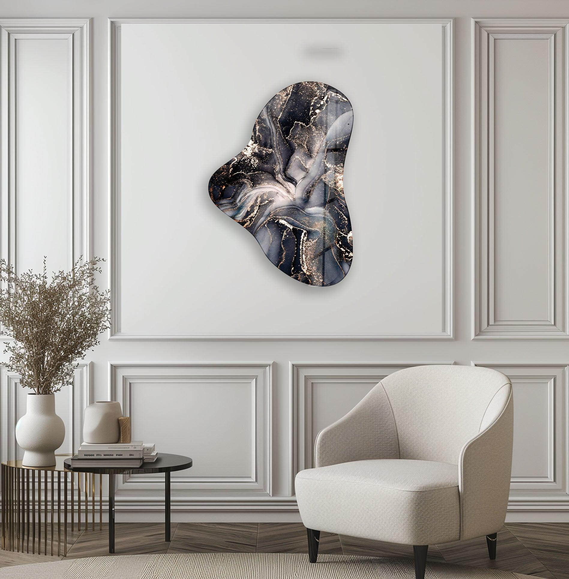 Black Alcohol Ink Asymmetrical Glass Wall Art - Modern Abstract Home Decor for Living Room, Bedroom & Office - Handmade Contemporary Artwork for Interior Design