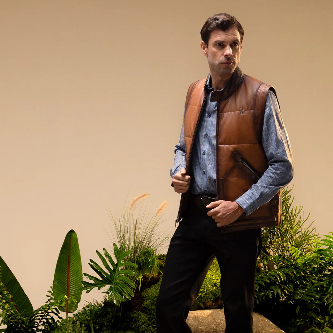 H353COC Men's Casual Leather Vest in Honey Brown - Stylish & Comfortable for Outdoor Adventures, Motorcycle Riding & Everyday Wear