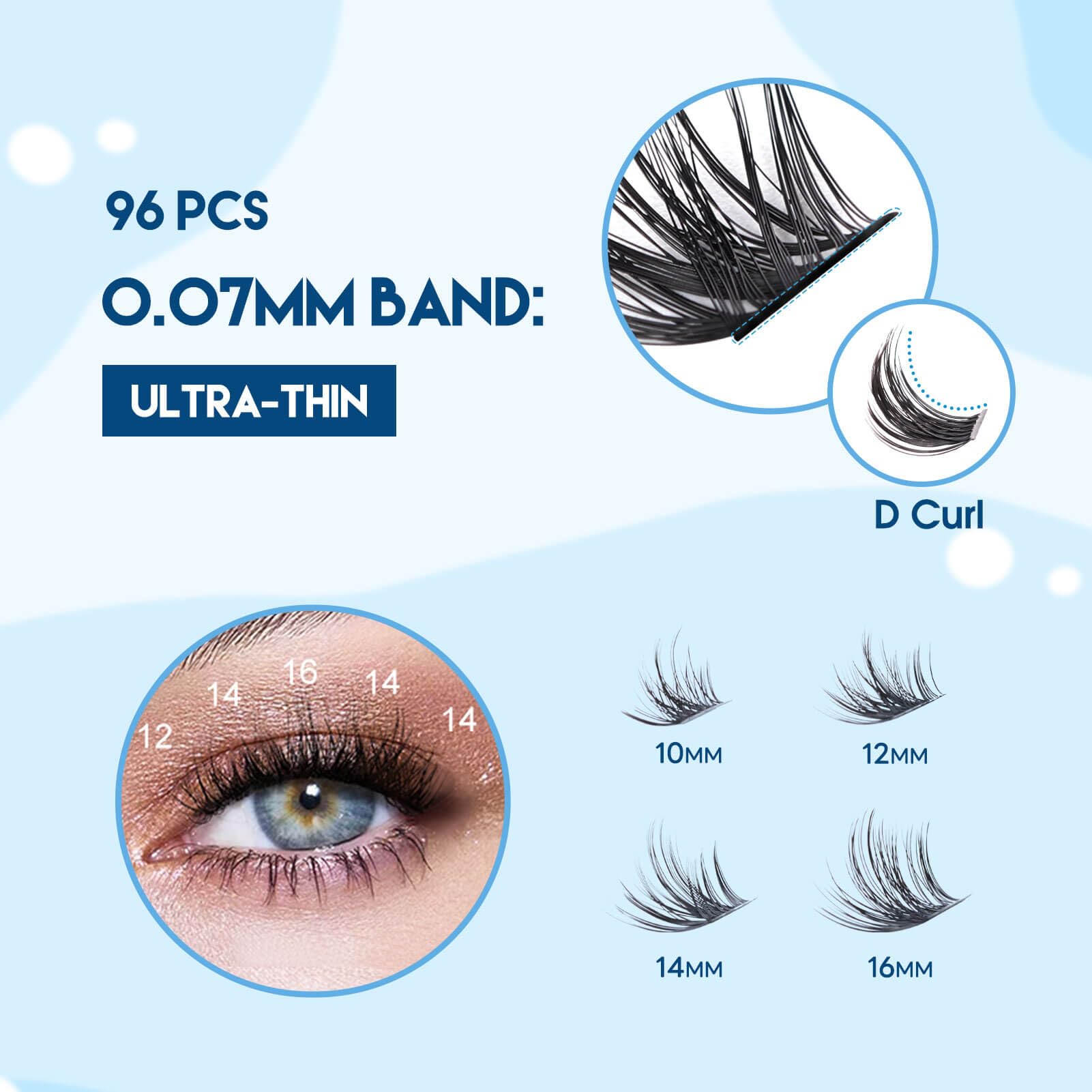 Professional DIY Eyelash Extensions Kit - 96 Pcs 0.07D 10-16mm Mixed Lashes with Waterproof Lash Bond, Seal & Tweezers - Home Salon & Party Makeup Essential
