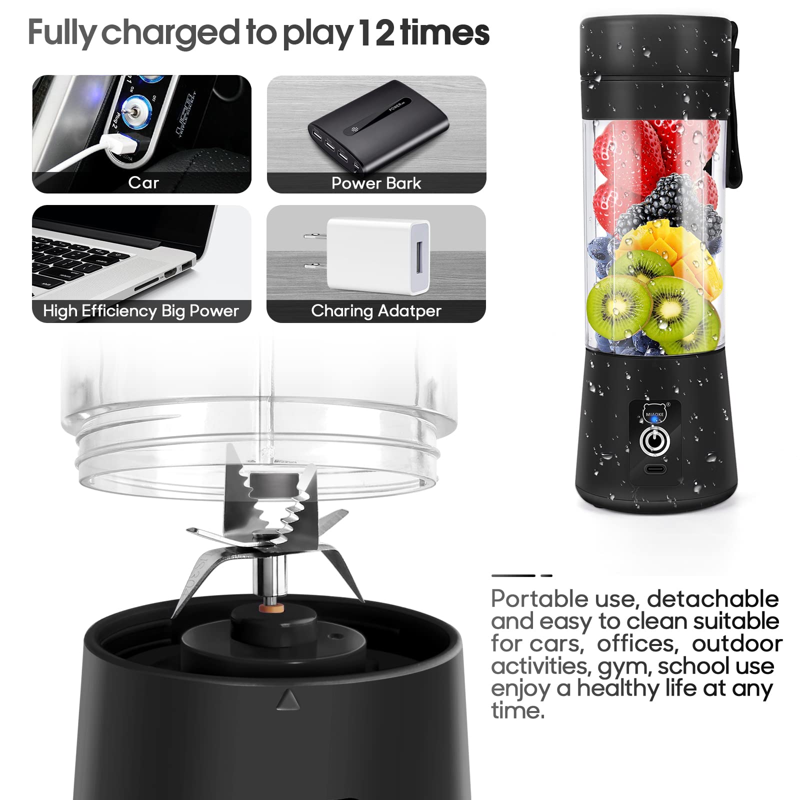 MIAOKE Portable USB Rechargeable Mini Blender - 3D Six Blades for Smoothies, Juices & Shakes - Perfect for Home, Office, Gym & Travel (Black) | Compact Personal Blender for Healthy Drinks On-The-Go