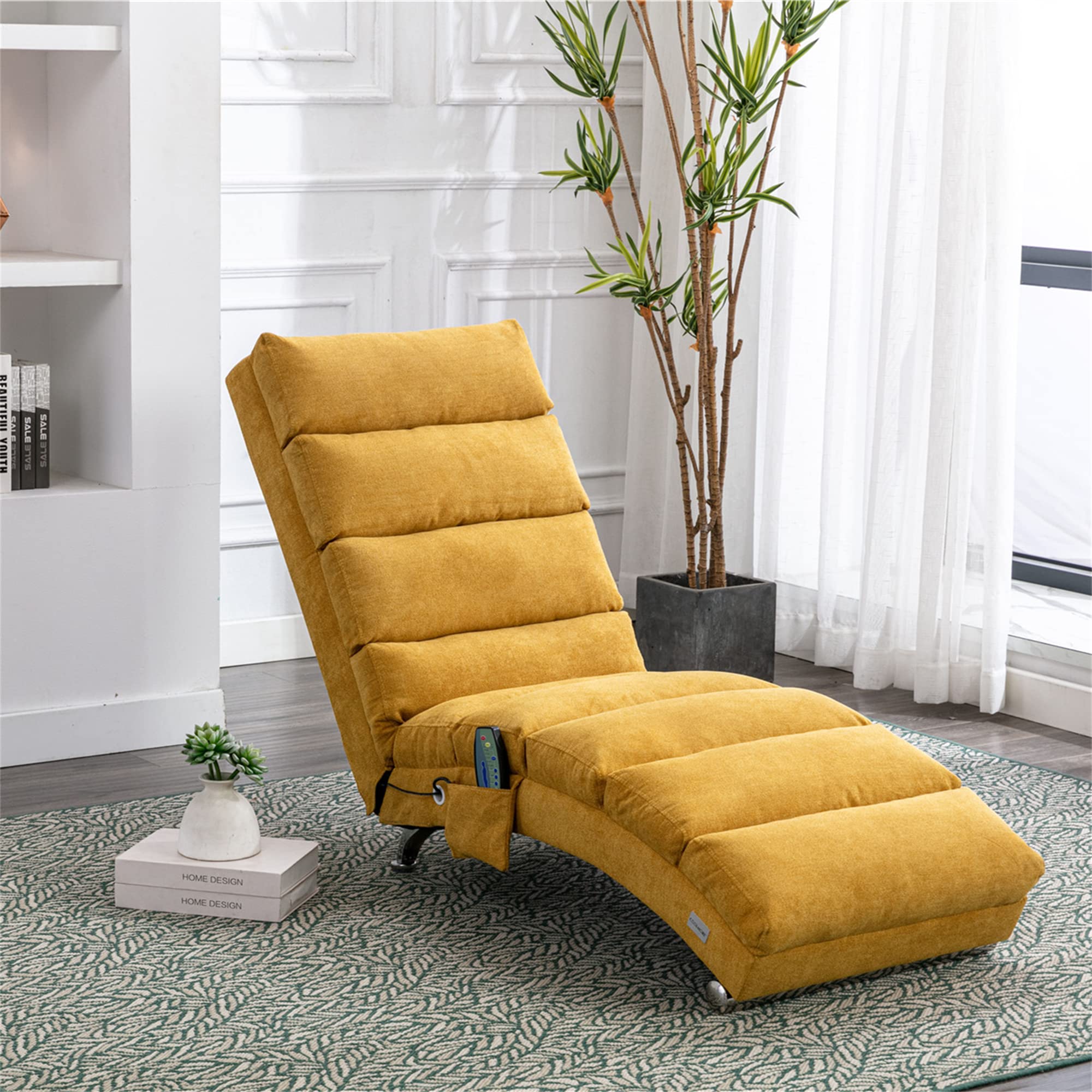 Modern Chaise Lounge Chair with Massage & Remote Control - Adjustable Recliner with Side Pocket - Single Sofa for Living Room, Office, Bedroom - Ergonomic Floor Lounger in Mustard Yellow - Perfect for Relaxing, Reading & Watching TV