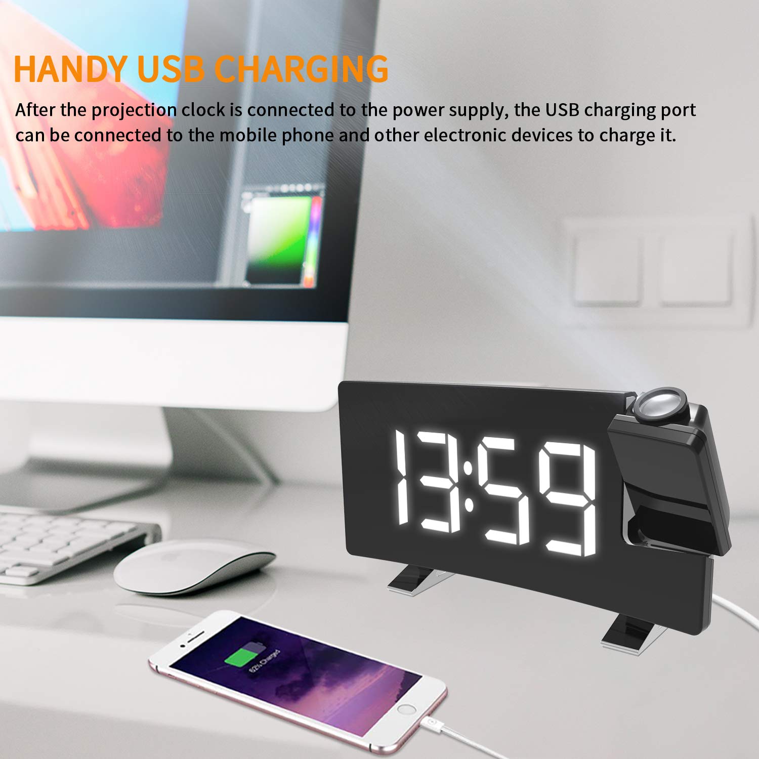 3H Digital Projection Alarm Clock with FM Radio, USB Charger, Dual Alarms, 5