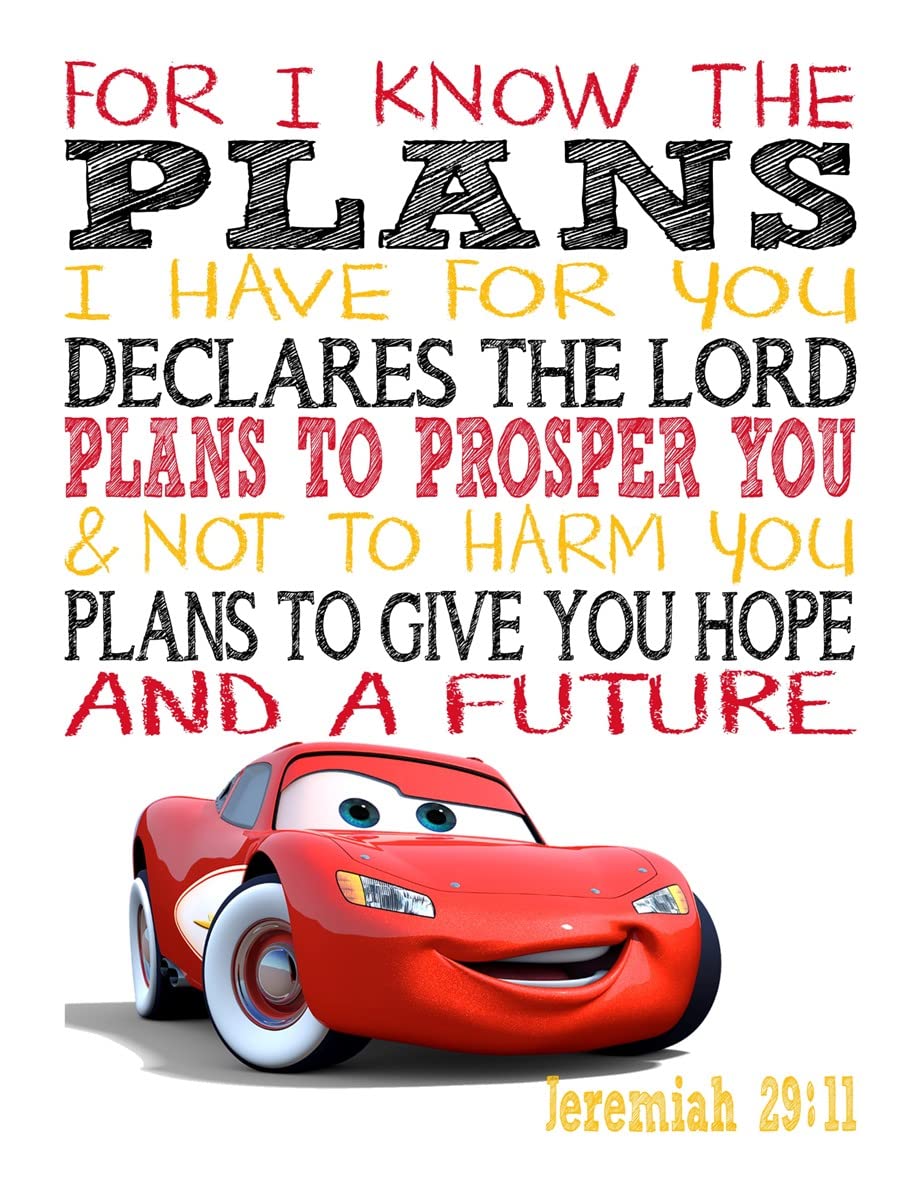Christian Nursery Wall Art - Set of 4 Unframed Lightning McQueen & Tow Mater Bible Verse Prints for Baby Boys Room Decor | Perfect for Baptism Gifts & Sunday School Classroom