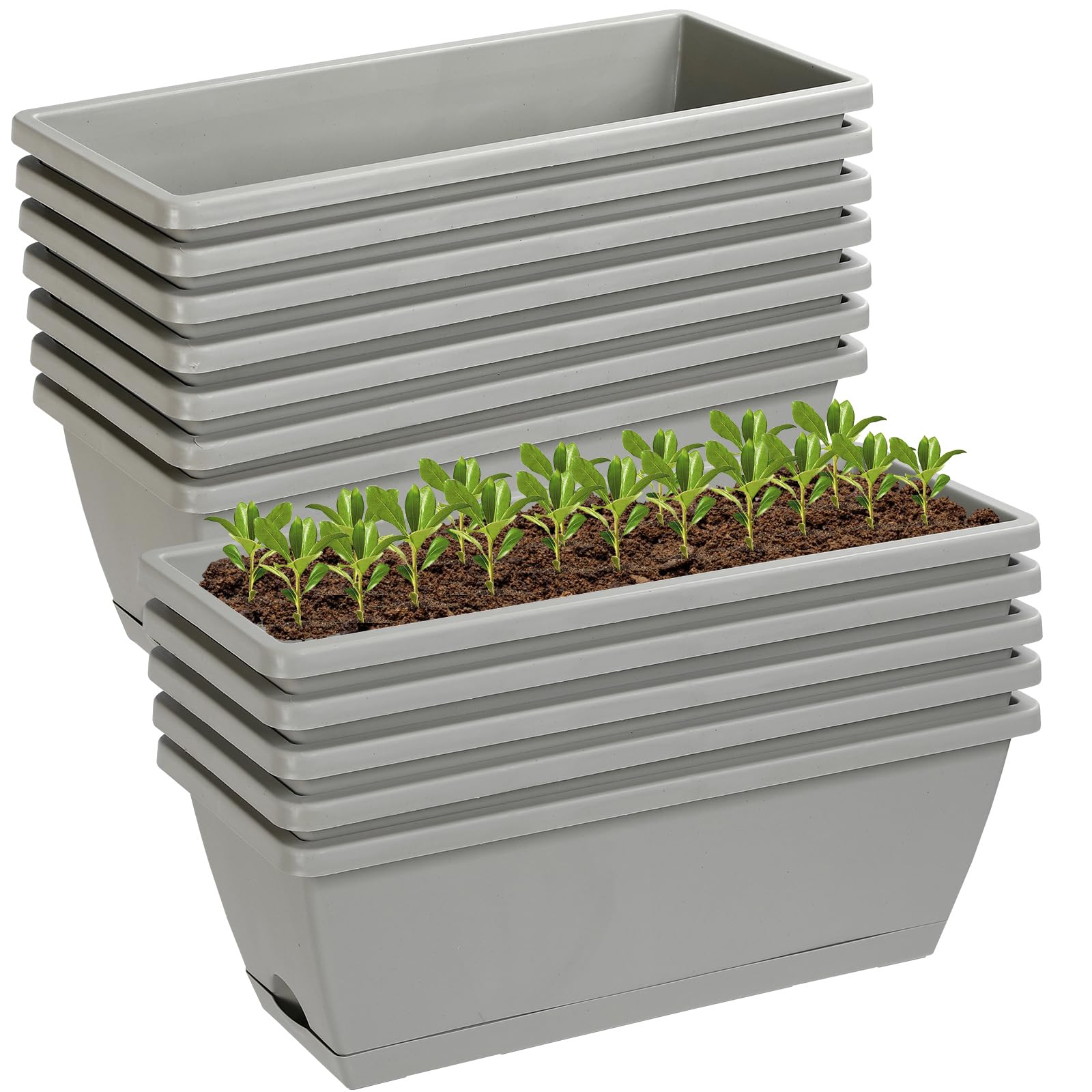 12Pcs 17-Inch Rectangle Plastic Planter Box with Drainage Holes & Trays - Indoor Outdoor Flower Pots for Patio, Garden, Porch, Yard - Perfect for Herbs, Succulents, Flowers & Home Decor (Gray)