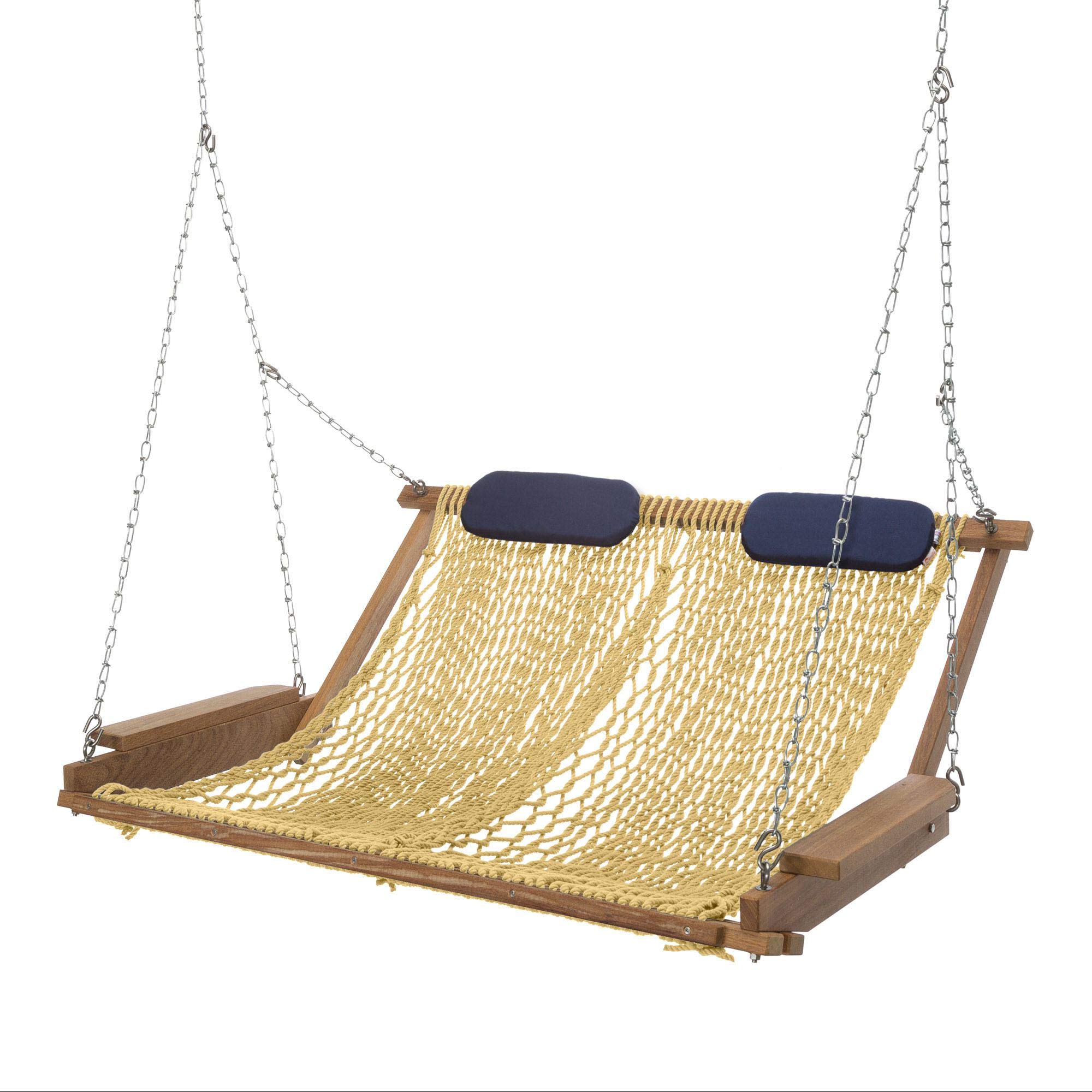 Premium Cumaru Deluxe Rope Porch Swing with Navy Pillows - Outdoor Hammock Chair for Patio, Garden & Backyard Relaxation | Tan DuraCord Hanging Seat for Porch, Deck & Balcony