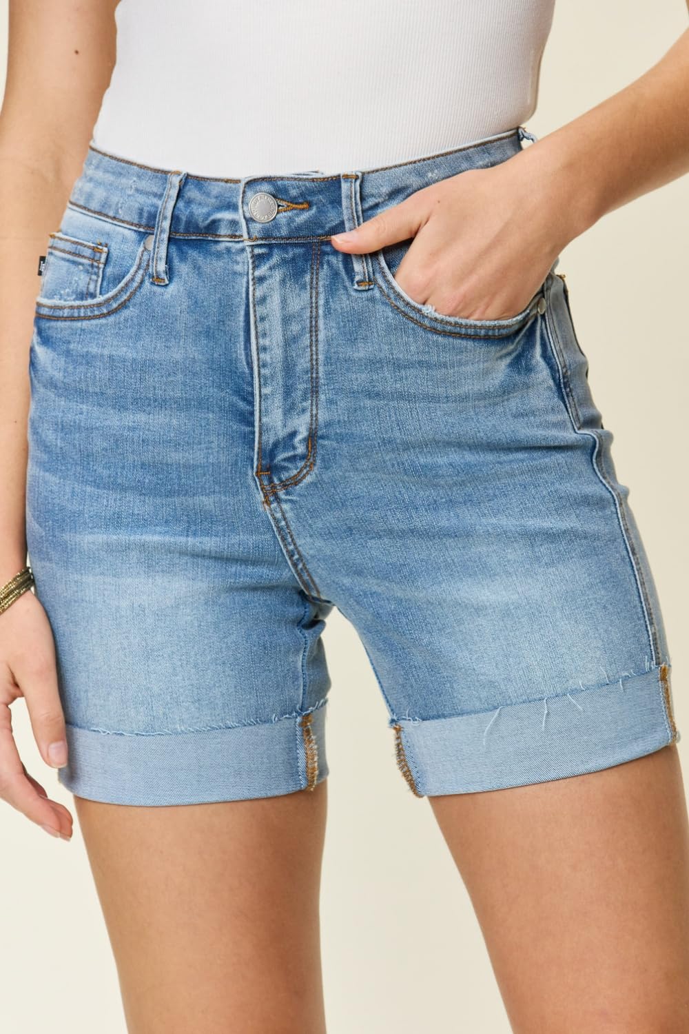 Judy Blue Women's High Waist Tummy Control Denim Shorts - Comfortable Stretch Jeans for Summer, Casual Wear & Vacation Outfits