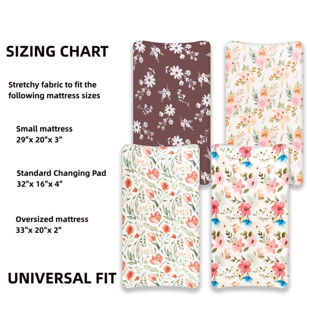 4 Pack Baby Girl Changing Pad Covers - Soft Breathable Fitted Floral & Elephant Theme Crib Sheets for Newborn & Toddler Girls | Nursery, Diaper Changing Station & Travel Use (Flower Pattern)