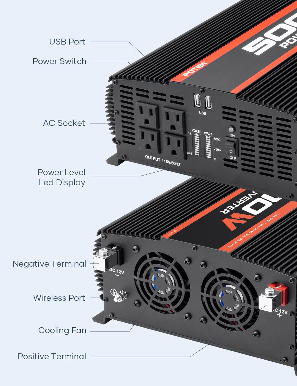 POTEK 5000W Power Inverter - 12V DC to 110V AC Converter with 4 AC Outlets & 2 USB Ports for Car, RV, Truck, Boat - Heavy Duty Black Power Inverter for Camping, Road Trips, Emergency Backup Power