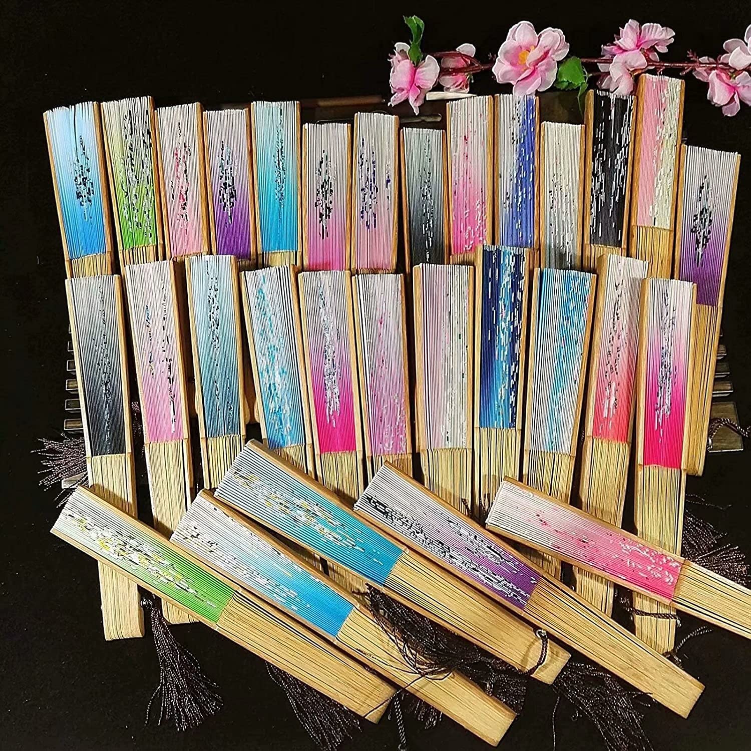 Handmade Custom Text Folding Fan - Green Silk Flower Fan with Bamboo Frame & Elegant Tassel - Baby Shower, Wedding, Birthday Party Gift - Perfect for Bridal Accessories, Photo Props & Summer Cooling