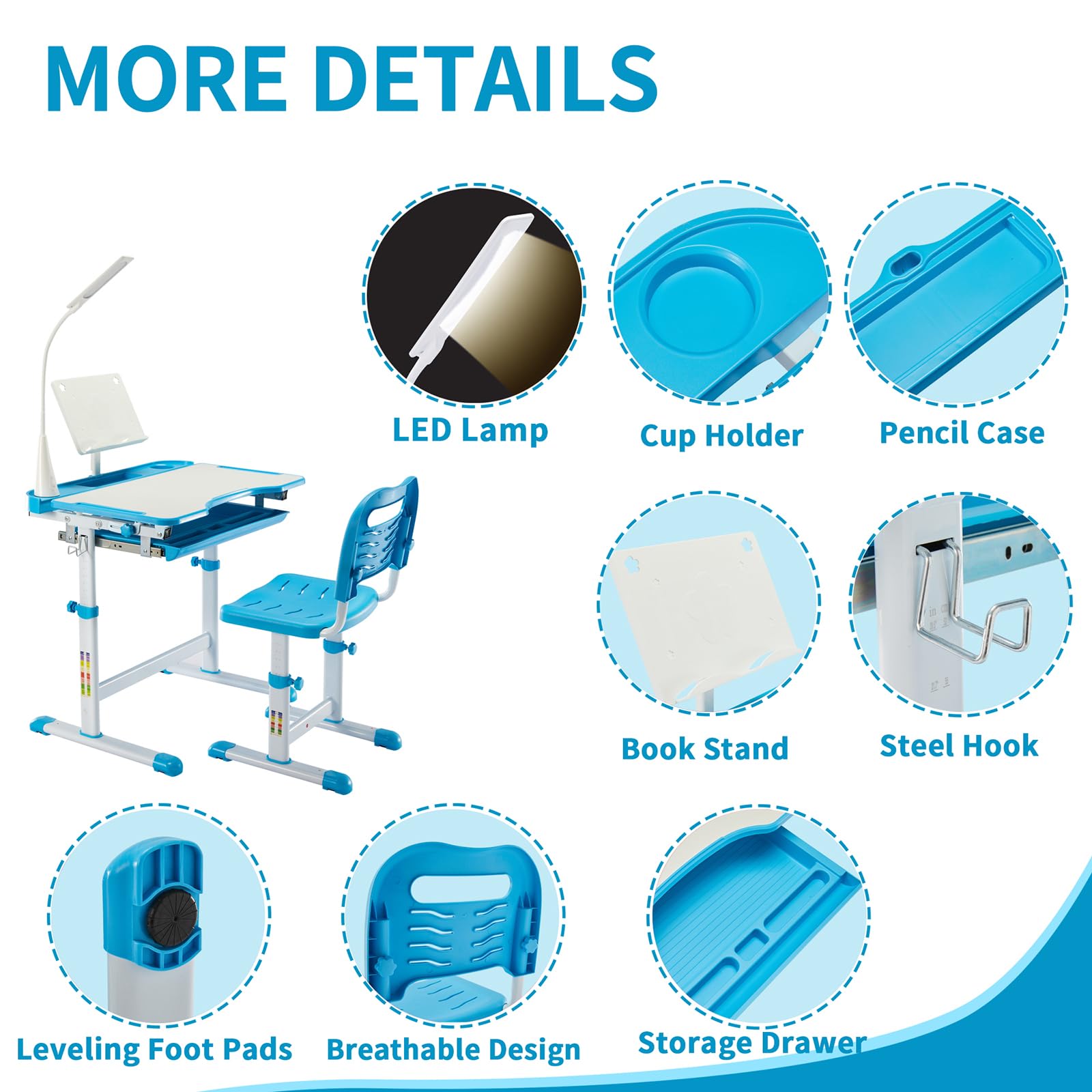 Ergonomic Adjustable Kids Study Desk and Chair Set with LED Light, Book Stand, Storage Drawer & Metal Hook - Perfect for Home Schooling, Online Learning & Homework Station (Blue)