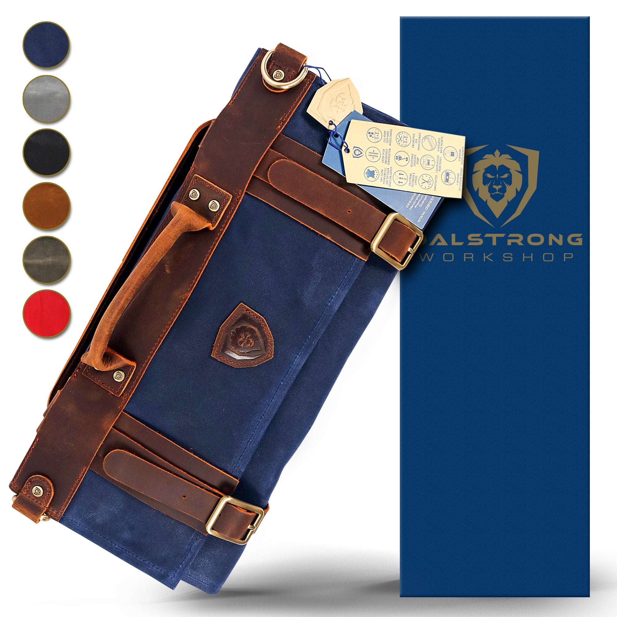 12oz Heavy Duty Canvas & Leather Knife Roll - Blue | Dalstrong Professional Chef Knife Storage | Perfect for Travel, Camping & Kitchen Organization