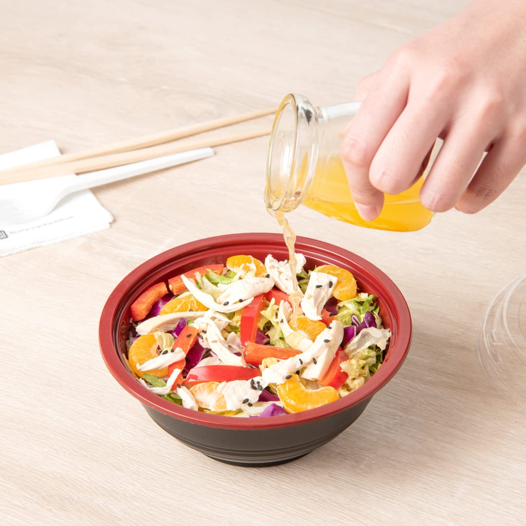 Restaurantware 18oz Disposable Food Containers - 200 Pack Salad Bowls with Lids, Microwave Safe Black & Red Plastic To-Go Bowls | Perfect for Asian Cuisine, Picnics, Takeout, Catering & Meal Prep