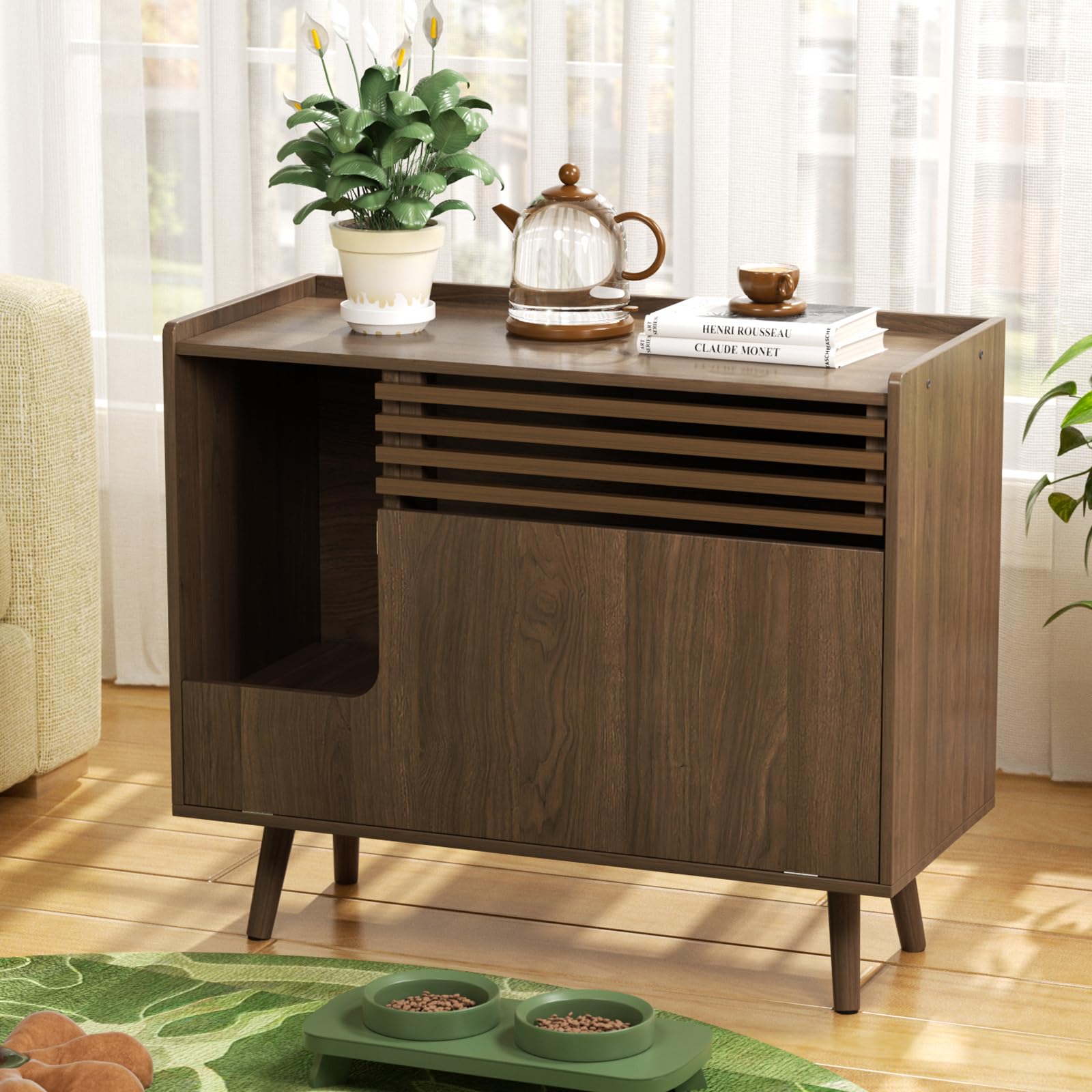 Mid-Century Modern Cat Litter Box Enclosure Furniture - Hidden Litter Box Cabinet with Scratch Pad & Flip-Down Door, Cat Washroom End Table in Brown - Perfect for Living Room, Bedroom or Office Décor