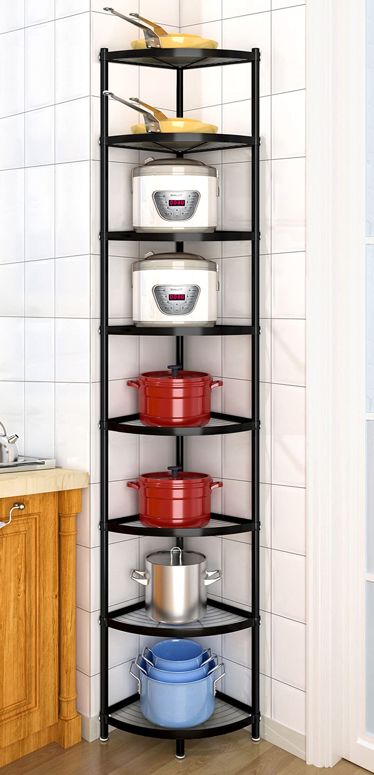 8-Tier Kitchen Pot Rack Organizer - Heavy Duty Metal Cookware Stand with Multi-Layer Storage Shelves for Pots, Pans & Utensils - Space Saving Corner Shelf for Small Kitchen Organization & Storage Solutions