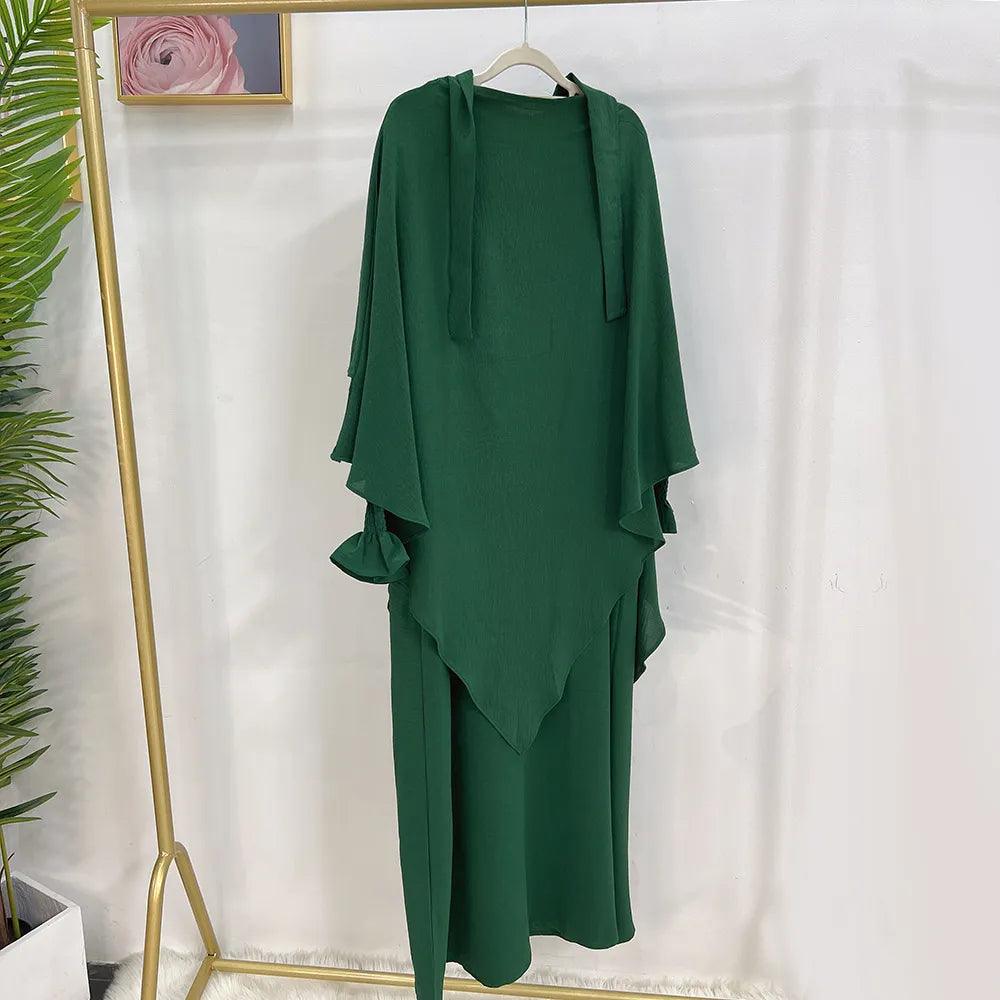 2-Piece Abaya Khimar Set - Long Triangle Hijab & Smocked Cuff Dress for Women | Islamic Modest Wear for Prayer, Mosque & Special Occasions