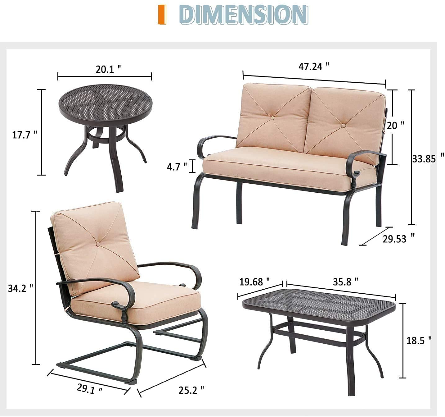 5-Piece Outdoor Patio Furniture Conversation Set - Wrought Iron Bistro Set with Loveseat, 2 Spring Chairs & 2 Tables (Brown Cushion) - Perfect for Garden, Backyard, Deck or Poolside Relaxation