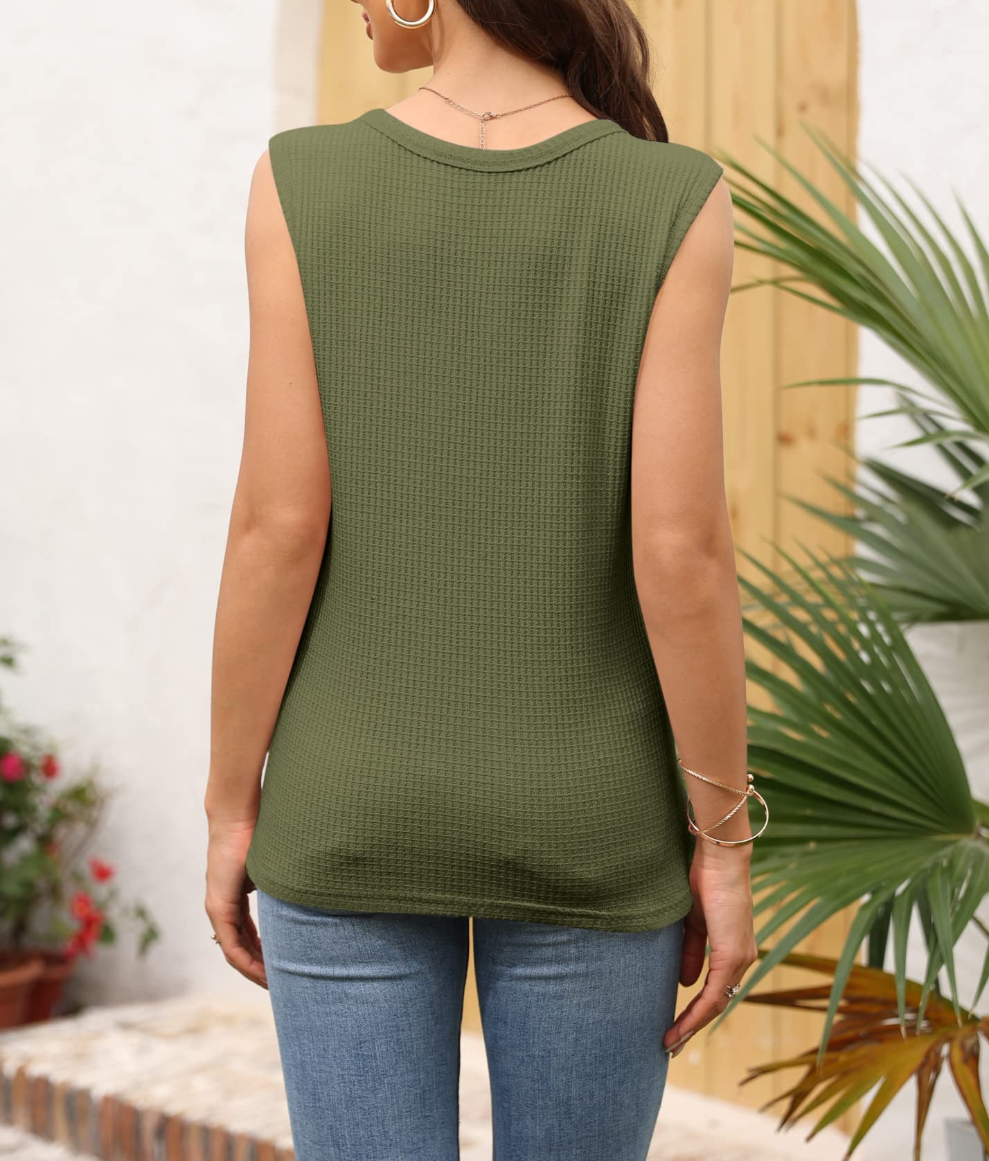Women's V-Neck Waffle Knit Tank Tops - Summer Casual Sleeveless Loose Fit Tee Shirts for Beach, Yoga, and Everyday Wear