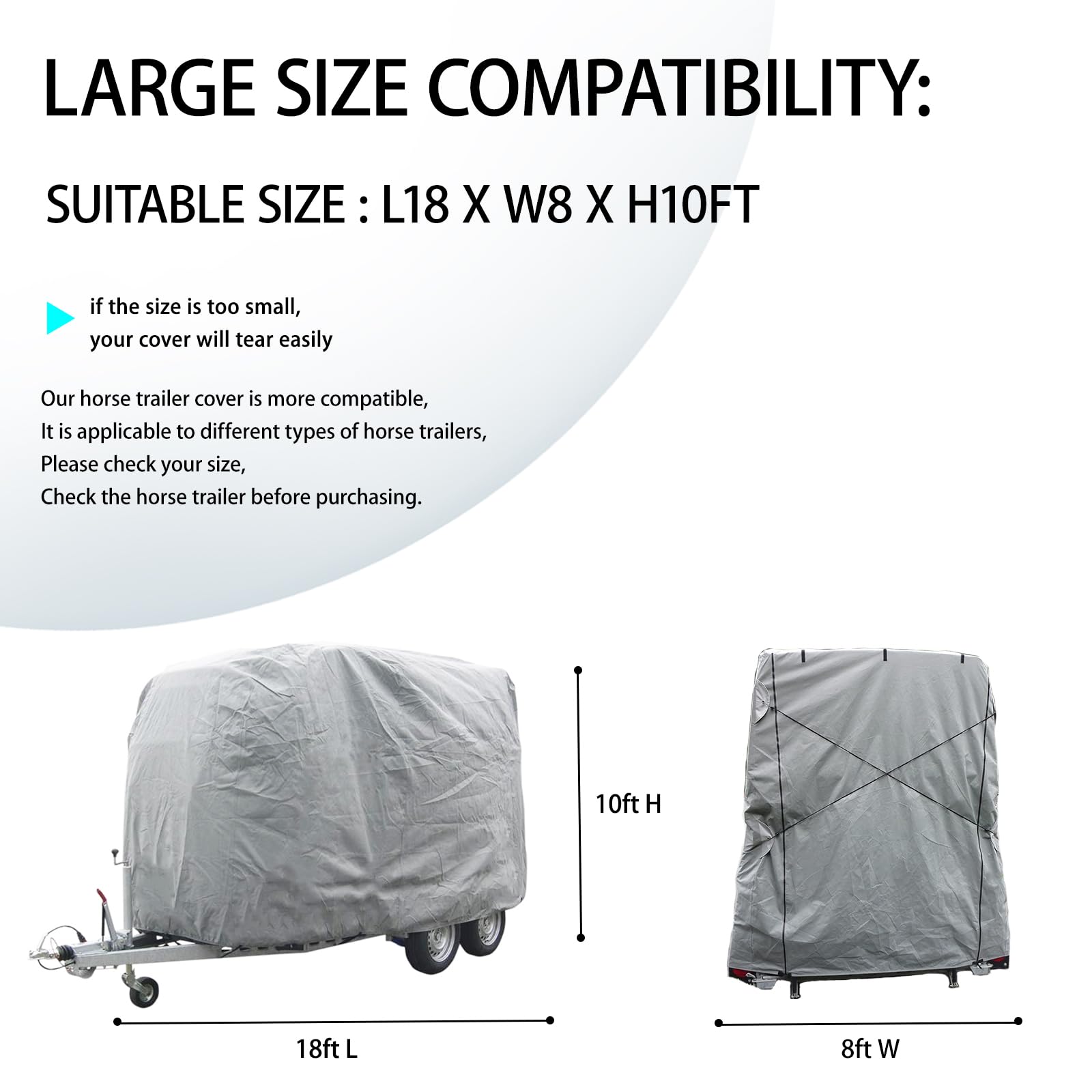 Heavy Duty Horse Trailer Cover - 420D Oxford Waterproof UV Resistant Dustproof Universal Pull Trailer Cover with Storage Bag (18'L x 8'W x 10'H) - Perfect for Outdoor Horse Trailer Protection & Long-Term Storage