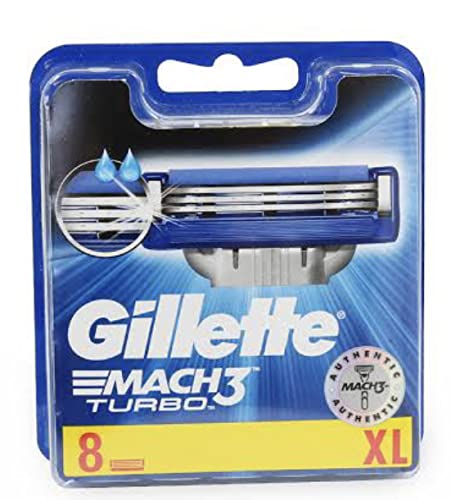 Gillette Mach3 Turbo Razor Blades for Men - 8 Pack Refill Cartridges | Ultra Sharp Stainless Steel Blades with Lubrastrip | Smooth Shaving for Daily Use & Travel