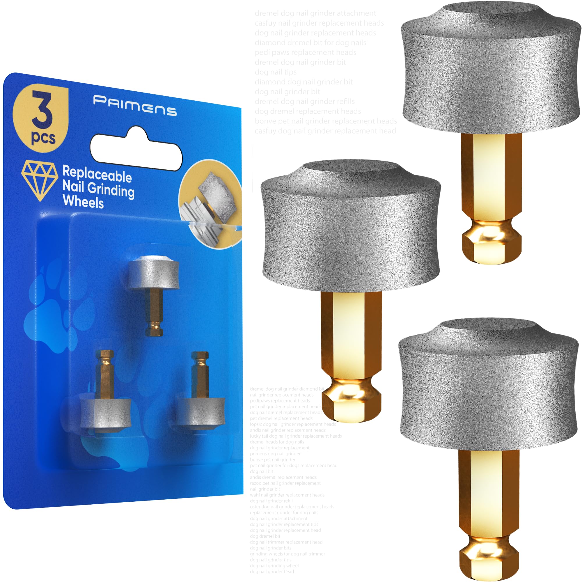 Primens Professional Dog Nail Grinder Replacement Heads (3-Pack) - Diamond Coated Tips for Pet Nail Trimming, Spare Grinding Wheels for Small, Medium & Large Dogs - Perfect for Home Grooming & Professional Pet Care
